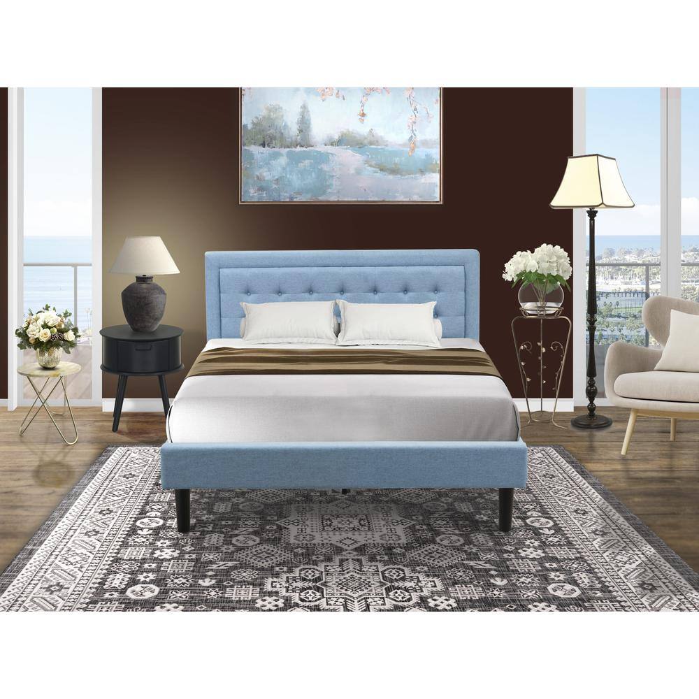 Alt View 4. East West Furniture - FN11Q-1GO15 2-Piece Platform Bedroom Furniture Set with 1 Platform Bed and a Wood Nightstand - Denim Blue Linen Fabric - Denim Blue.