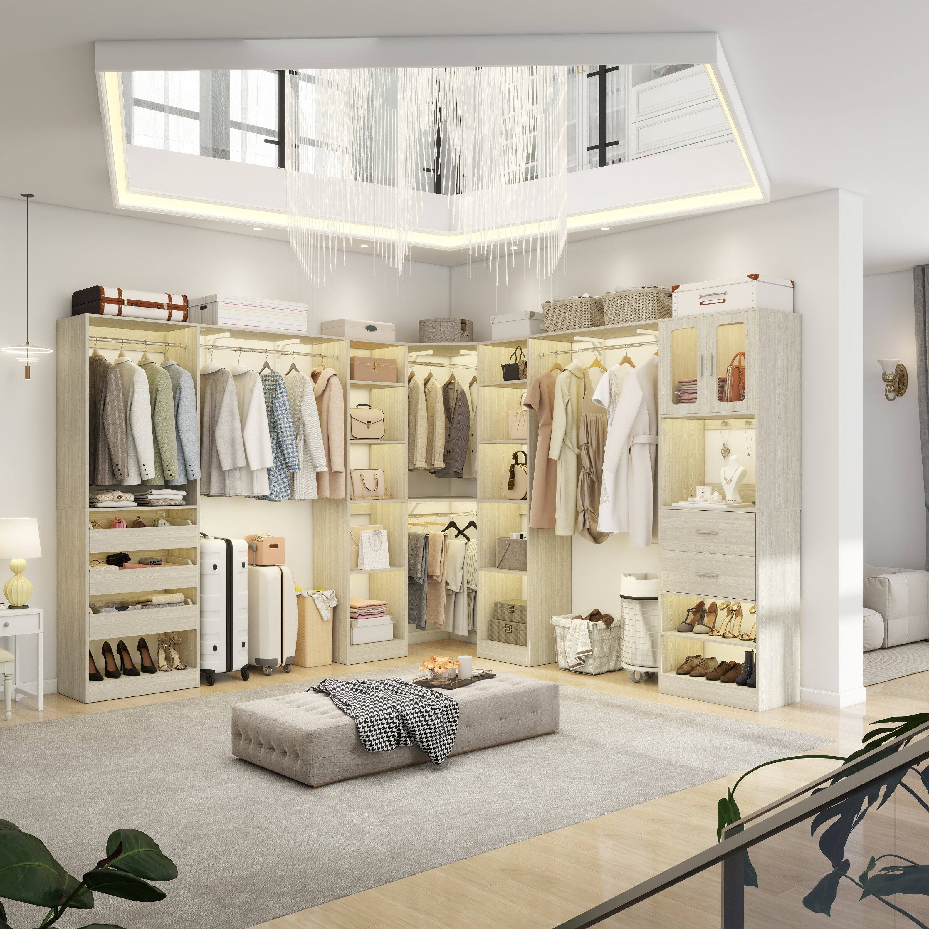 Alt View 3. Aheaplus - 100'' Large Walk-in Closet Organizer System with Drawers, Hanging Rods and 20 Shelves for Storage, 3 Sets - Beige Oak.