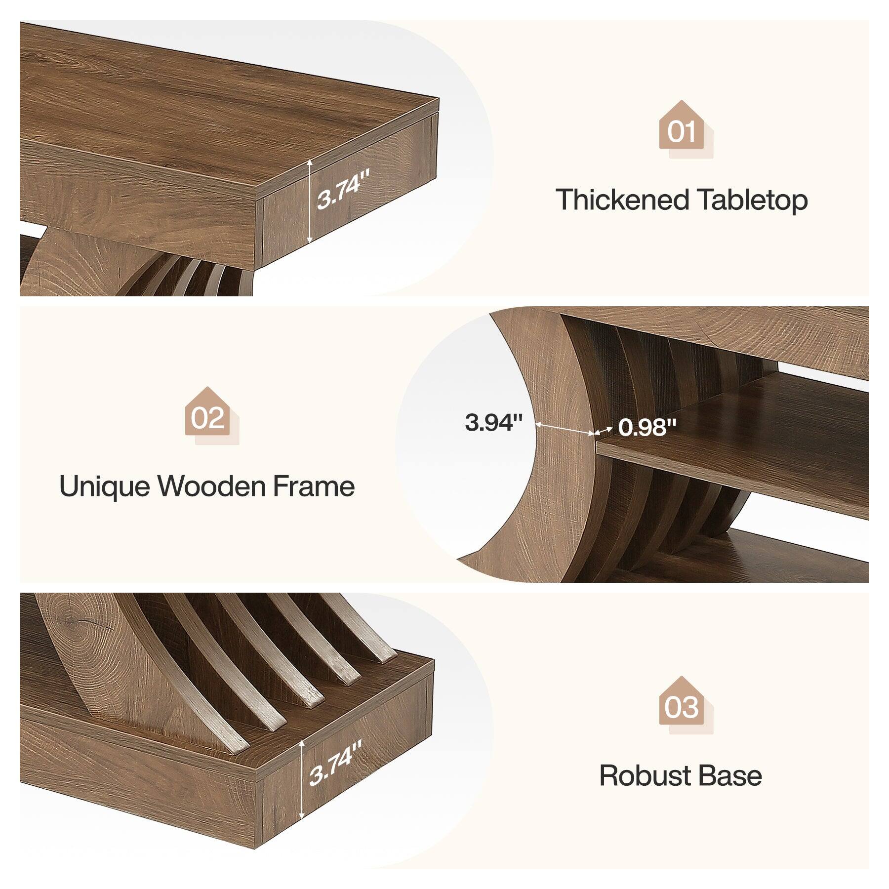 1. Thickened Tabletop
   - 3.74"

2. Unique Wooden Frame
   - 3.94"
   - 0.98"

3. Robust Base
   - 3.74"