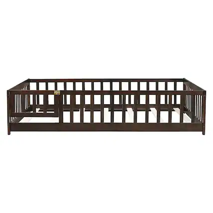 Front. GOODSILO - Full Size Low Profile Children's Floor Bed with Safety Guardrails and Entry Door, Solid Wood Construction - Espresso.