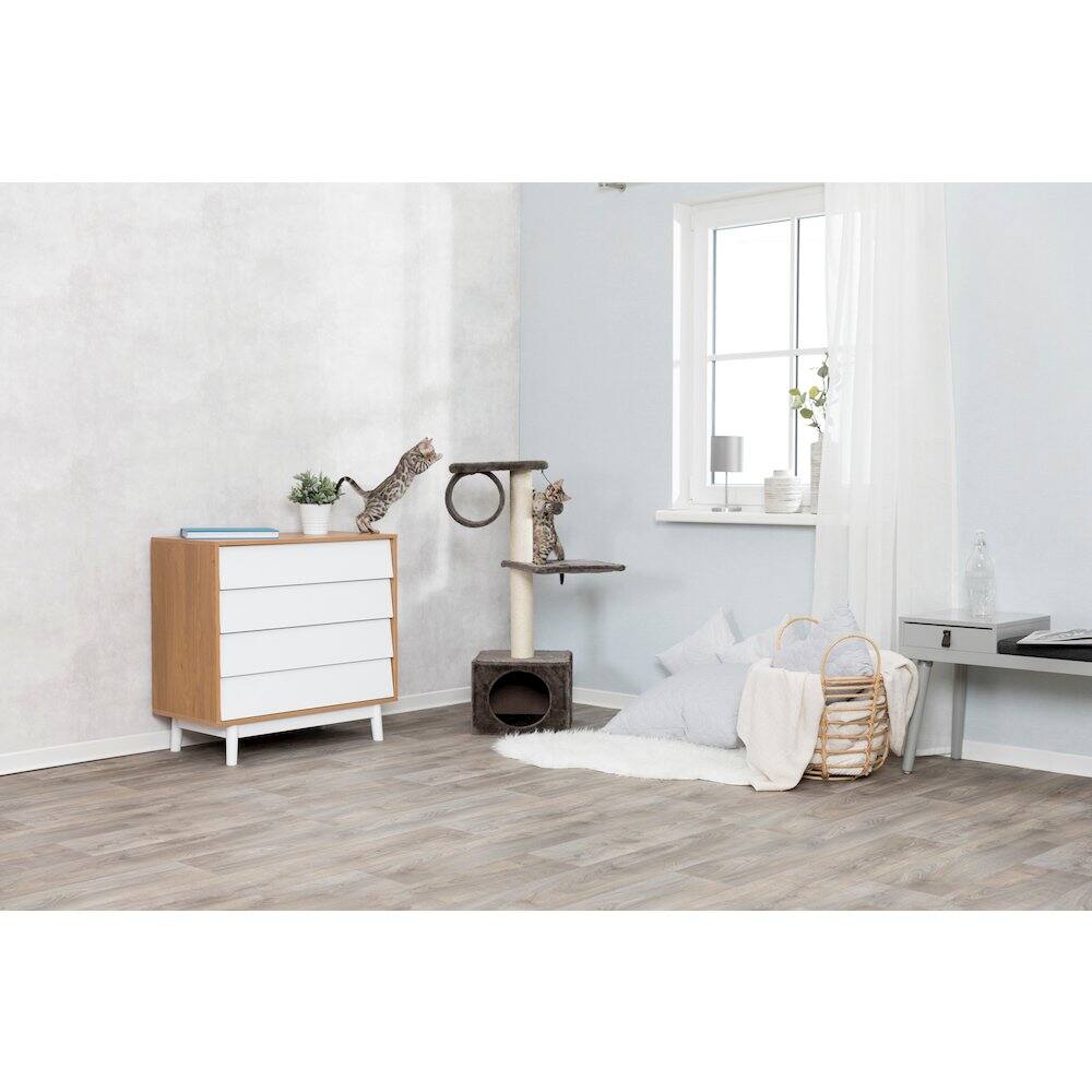 Angle. TRIXIE - San Fernando Plush & Sisal 3-Level Cat Tree, Scratching Posts & Condo - Dark Gray.