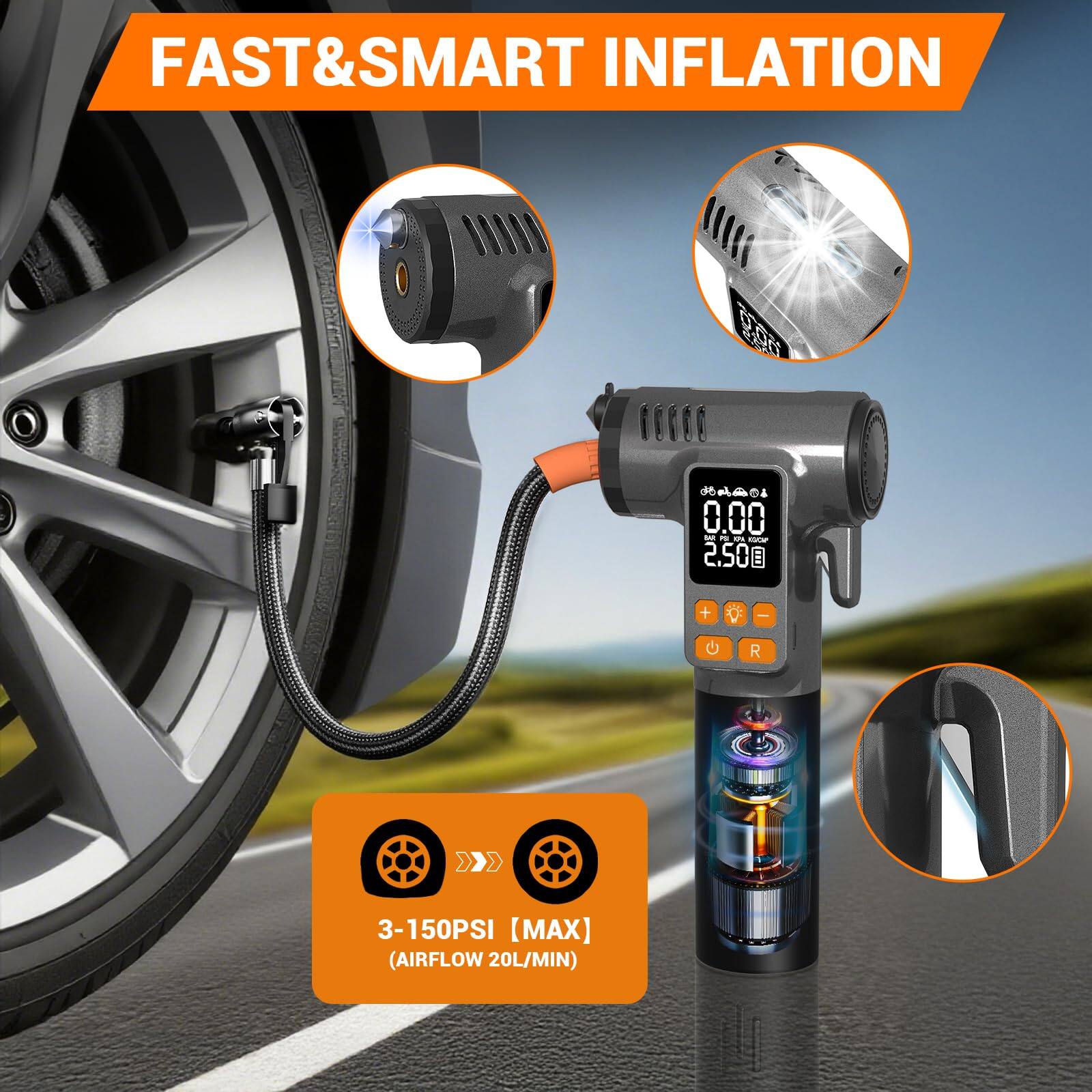 FAST&SMART INFLATION

3-150PSI [MAX] (AIRFLOW 20L/MIN)