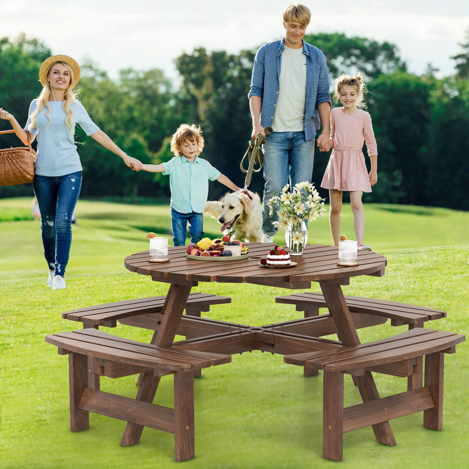 Alt View 3. Costway - Costway 8-Person Round Picnic Table Set with 4 Built-in Benches 2" Umbrella Hole - Brown.