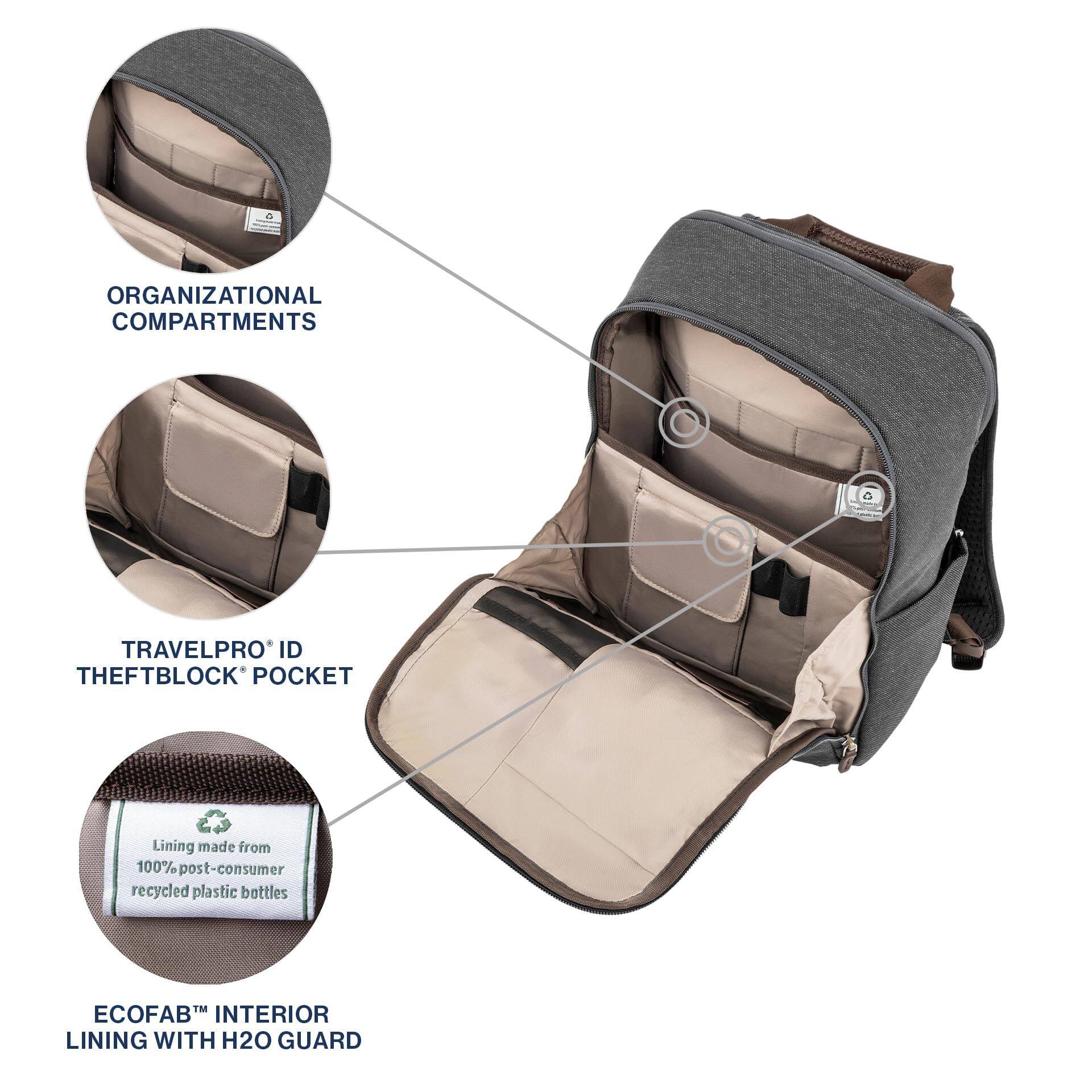 ORGANIZATIONAL COMPARTMENTS  
TRAVELPRO® ID THEFTBLOCK® POCKET  
Lining made from 100% post-consumer recycled plastic bottles  
ECOFAB™ INTERIOR LINING WITH H2O GUARD