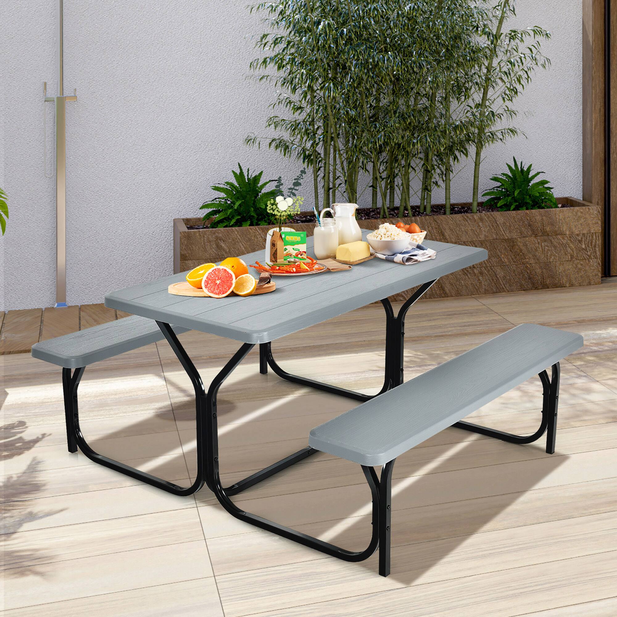 Alt View 3. Gymax - Gymax Picnic Table Camping Picnic Bench Set Backyard Garden Patio Dining Party Grey - Grey.