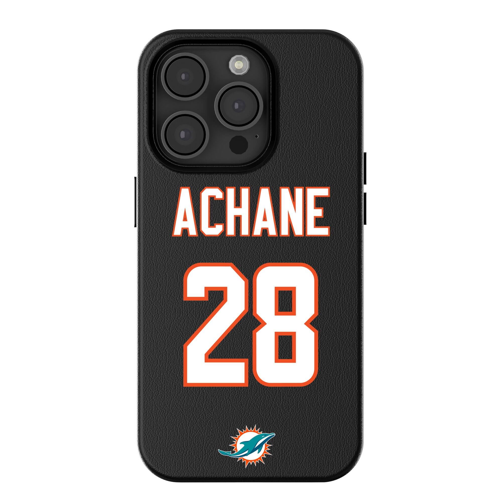 Front. Keyscaper - De-Von Achane-Black Miami Dolphins iPhone Magnetic Bump Case - 16 Plus - Black.