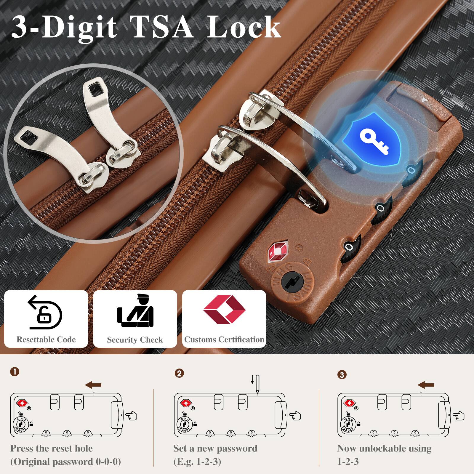 3-Digit TSA Lock

Resettable Code
Security Check
Customs Certification

1. Press the reset hole (Original password 0-0-0)
2. Set a new password (E.g. 1-2-3)
3. Now unlockable using 1-2-3