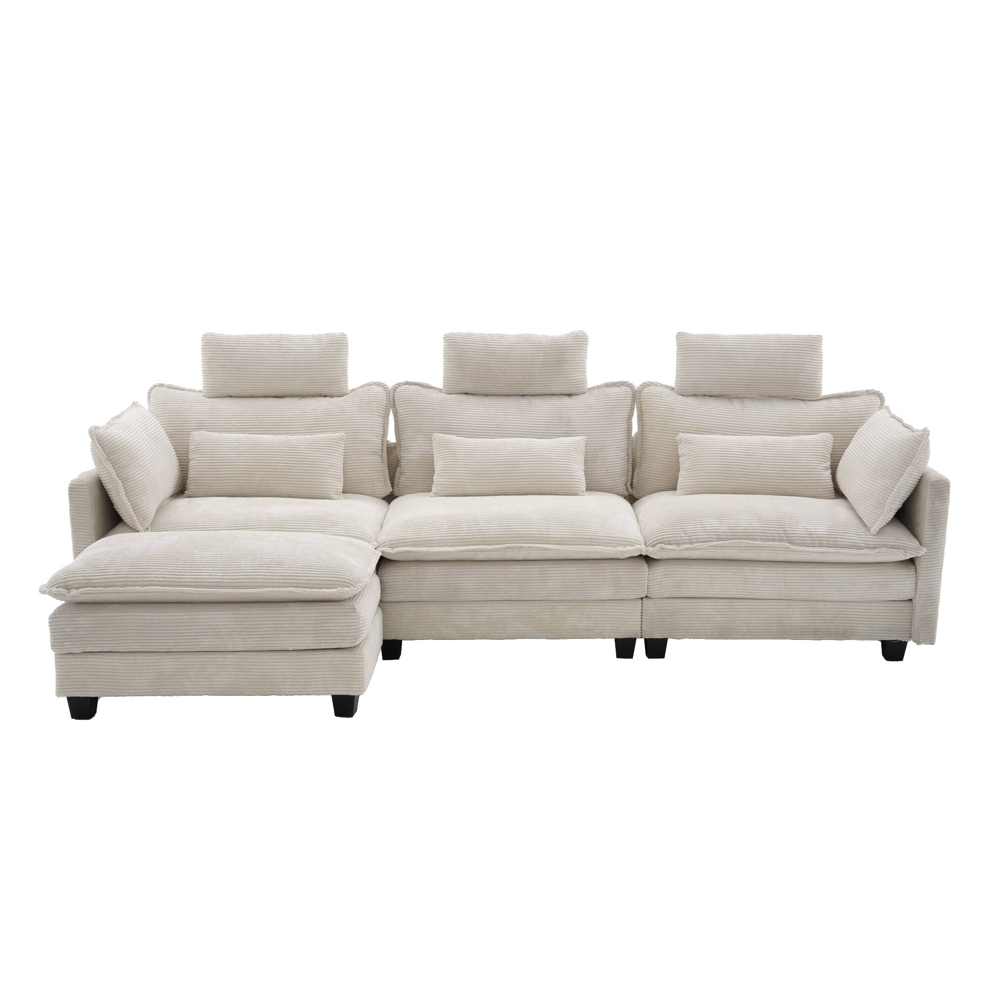Alt View 10. Homsee - Corduroy L-Shaped Sectional Sofa, 4-Seater Living Room Couch with High Backrest, Pocket Springs & Plush Pillows - White.