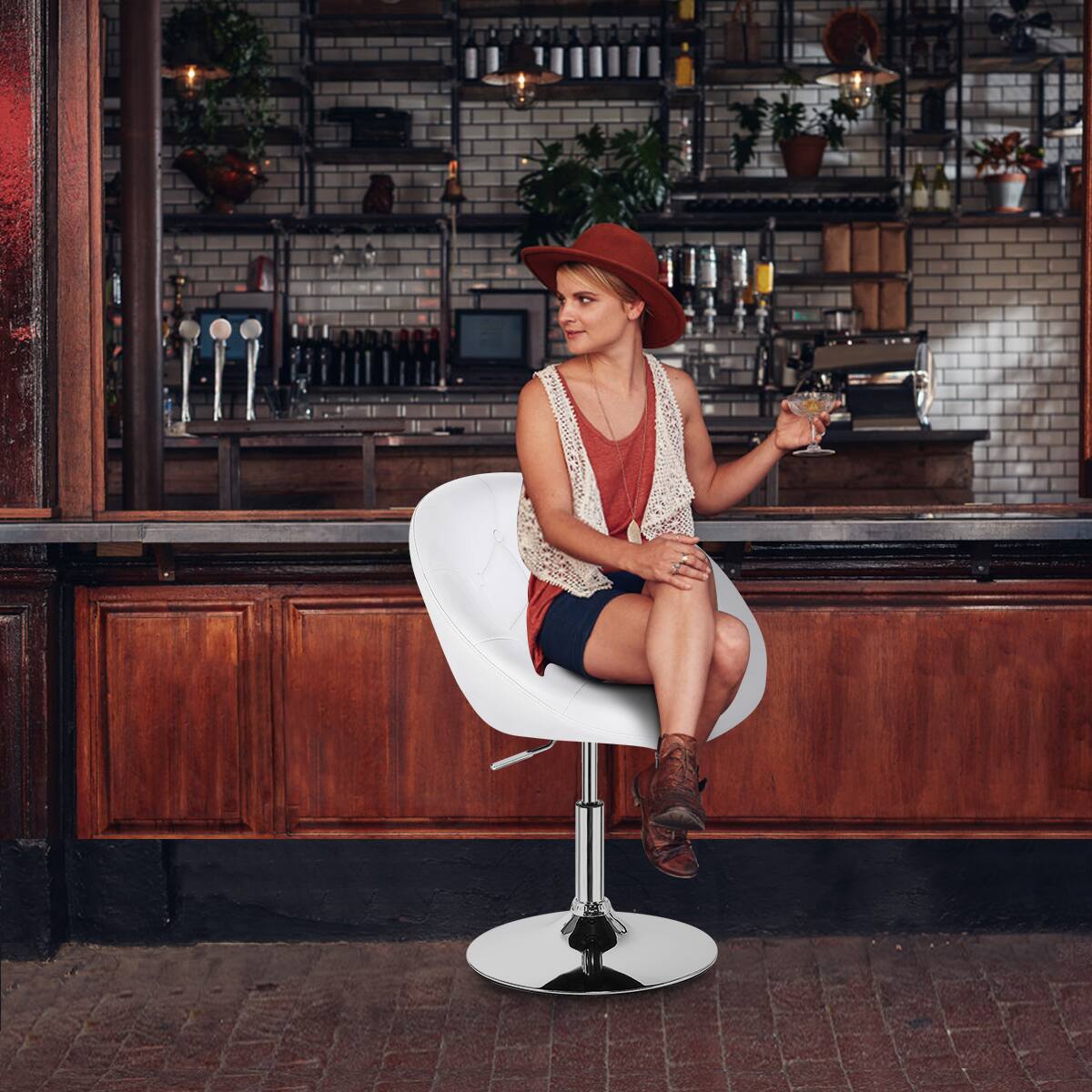 Alt View 3. Costway - Costway 1PC Adjustable  Round  Swivel Tufted Back Accent Chair PU Leather - White.