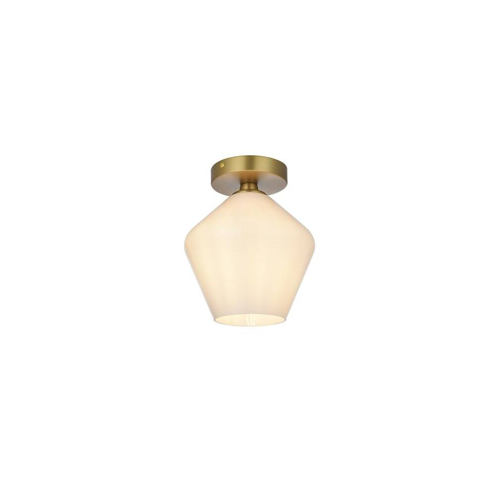 Left. Living District - Gene 8 Inch Flush Mount Ceiling Light Frosted White Shade in Satin Gold - Satin Gold And Frosted White.