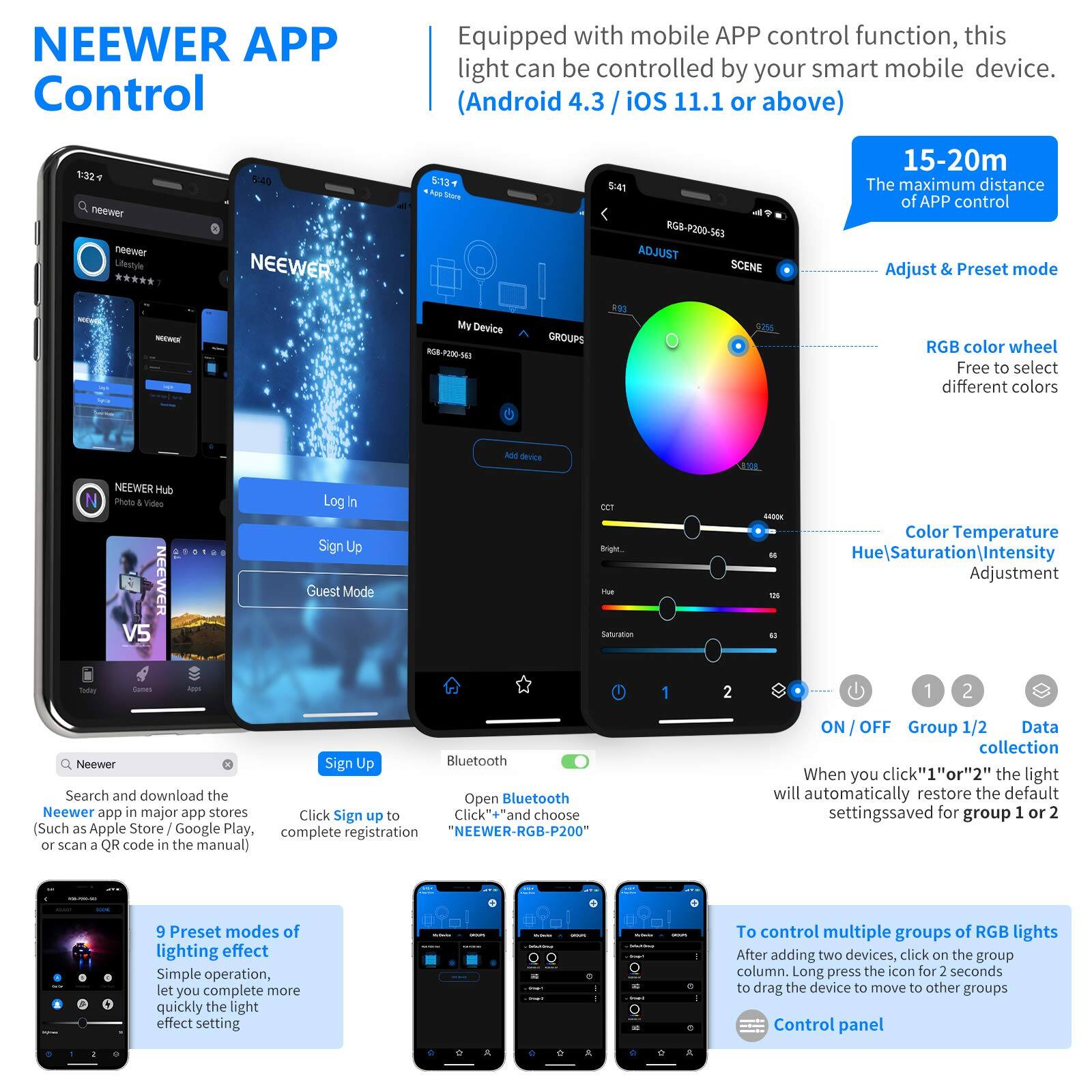 NEEWER APP Control

Equipped with mobile APP control function, this light can be controlled by your smart mobile device. (Android 4.3 / iOS 11.1 or above)

15-20m
The maximum distance of APP control

Adjust & Preset mode

RGB color wheel
Free to select different colors

Color Temperature
Hue|Saturation|Intensity Adjustment

ON / OFF
Group 1/2
Data collection

When you click "1" or "2" the light will automatically restore the default settings saved for group 1 or 2

9 Preset modes of lighting effect
Simple operation, let you complete more quickly the light effect setting

To control multiple groups of RGB lights
After adding two devices, click on the group column. Long press the icon for 2 seconds to drag the device to move to other groups

NEEWER Hub
Photo & Video V5

Log in
Sign Up
Guest Mode

Search and download the NEEWER app in major app stores (Such as Apple Store / Google Play, or scan a QR code in the manual)
Click "Sign up" and complete registration

Open Bluetooth
"NEEWER-RGB-P200"