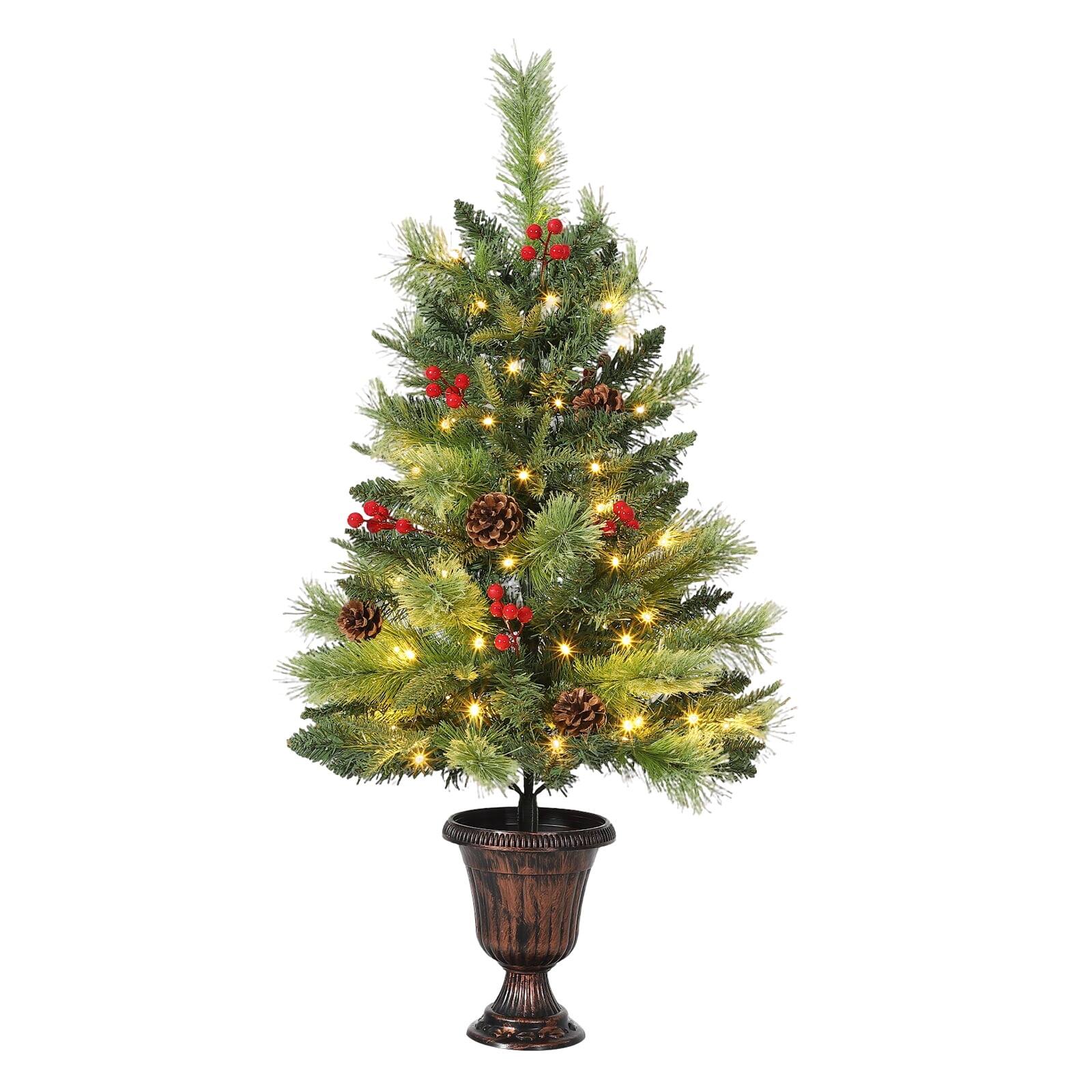 Front. Qeetex - 3FT Mini Artificial Christmas Tree with LED Lights, Pine Cone, Red Berry Decoration, Holiday Tabletop Office Decor - 3ft.