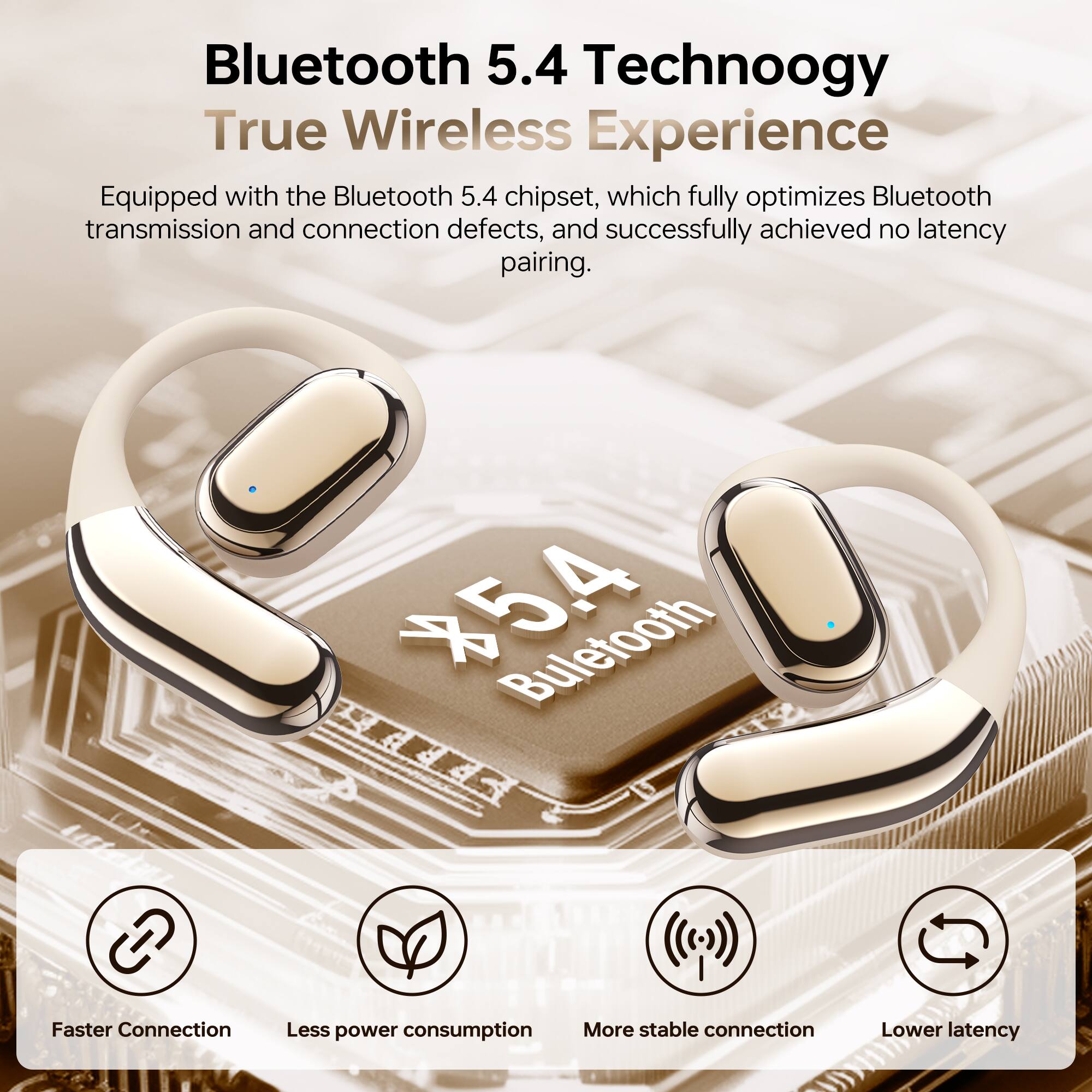 Bluetooth 5.4 Technology  
True Wireless Experience  

Equipped with the Bluetooth 5.4 chipset, which fully optimizes Bluetooth transmission and connection defects, and successfully achieved no latency pairing.  

- Faster Connection  
- Less power consumption  
- More stable connection  
- Lower latency