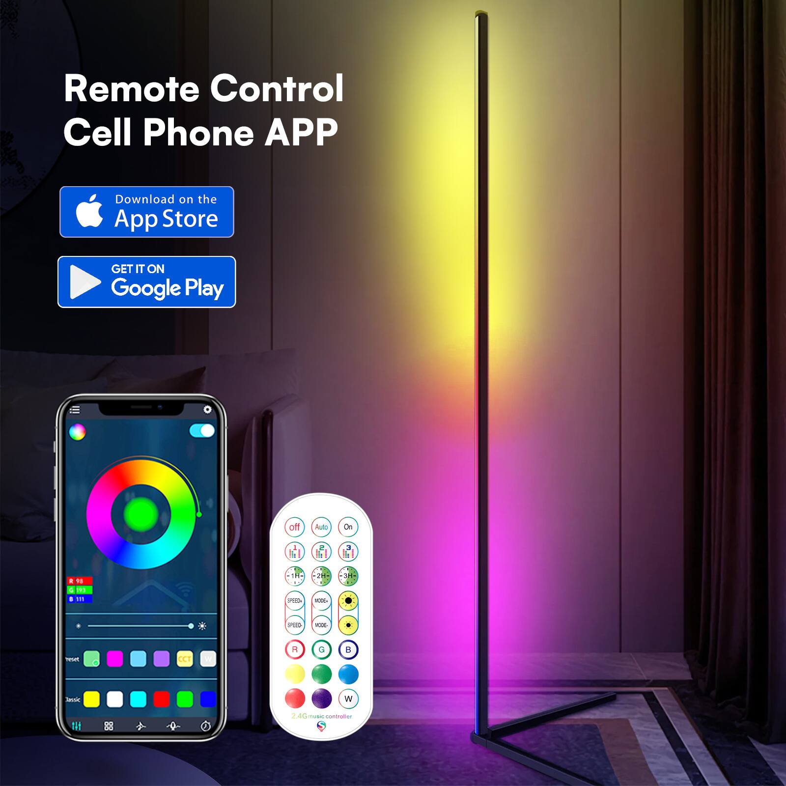 Remote Control Cell Phone APP  
Download on the App Store  
GET IT ON Google Play  

off  
Auto  
On  
S  
C  
G 193 III  
1H- GOLD.  
2H UCDE-  
3H-  
PB  
MODE-  
reset  
CCT  
R  
G  

Assic  
W  
2.4G music controller