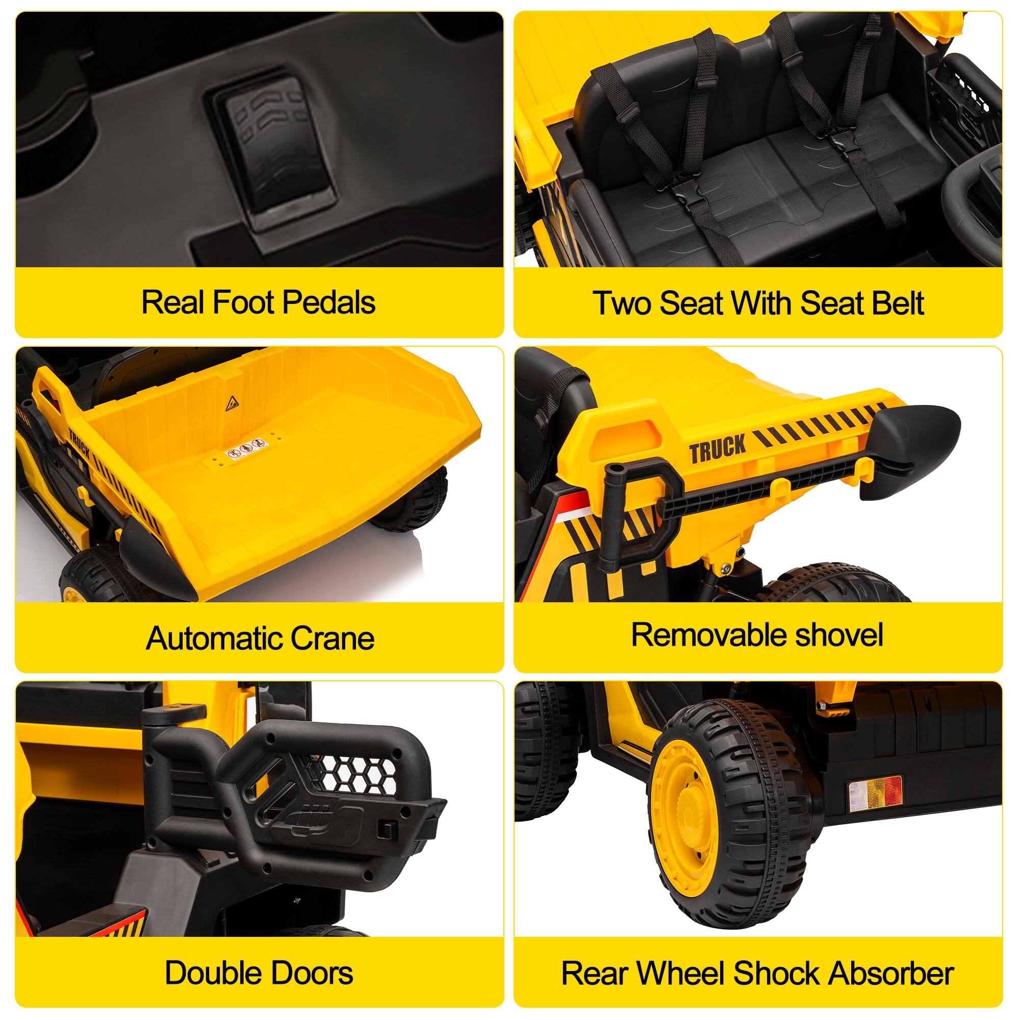 - Real Foot Pedals
- Two Seat With Seat Belt
- Automatic Crane
- Removable Shovel
- Double Doors
- Rear Wheel Shock Absorber