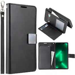 Entronix - Foldable Leather Wallet Case for iPhone 15 Pro - Stylish Card Holder with Lanyard - Black