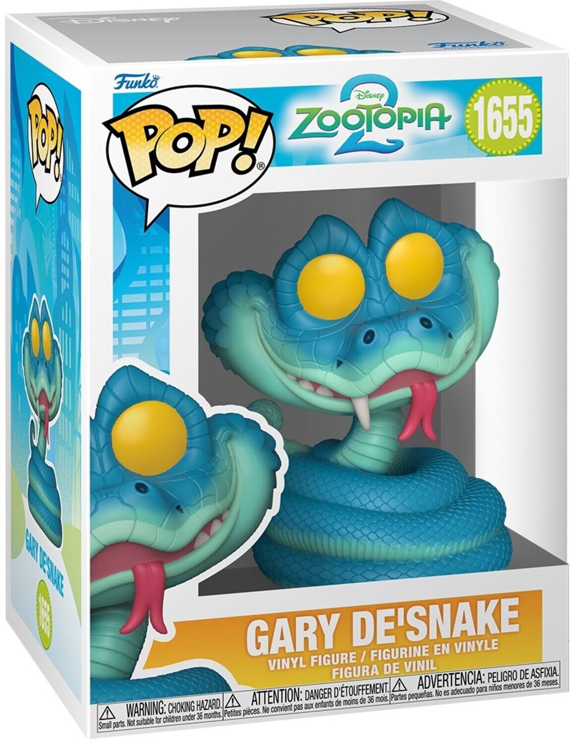 Sure, here is the corrected and grouped text from the image:

---

**Funko POP!**

**Disney Zootopia**

**1655**

**GARY DE'SNAKE**

**VINYL FIGURE / FIGURINE EN VINYLE / FIGURA DE VINIL**

**WARNING: CHOKING HAZARD. Small parts. Not suitable for children under 36 months.**

**ATTENTION: DANGER D'ÉTOUFFEMENT. Petites pièces. Ne convient pas aux enfants de moins de 36 mois.**

**ADVERTENCIA: PELIGRO DE ASFIXIA. Partes pequeñas. No es adecuado para niños menores de 36 meses.**

---

This text is grouped and corrected for clarity.