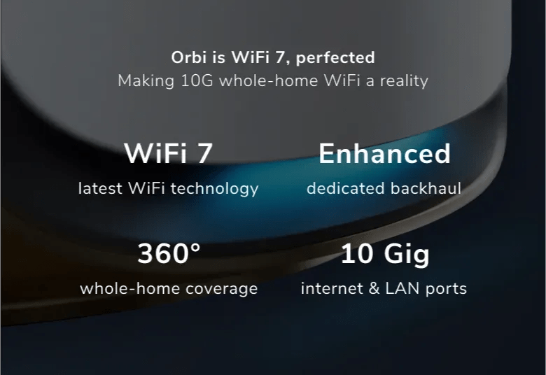 Orbi is WiFi 7, perfected  
Making 10G whole-home WiFi a reality  

- WiFi 7  
  Latest WiFi technology  

- Enhanced  
  Dedicated backhaul  

- 360°  
  Whole-home coverage  

- 10 Gig  
  Internet & LAN ports