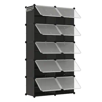 Front. Songmics Home - Shoe Rack, 10 Cubes Shoe Organizer with Doors, 40 Pair Plastic Shoe Storage Cabinet, for Bedroom, Entryway, Steel Frame - Black.