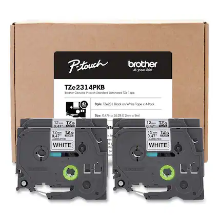 Brother Genuine P-touch Standard Laminated TZe Tape
TZe2314PKB
Style: TZe231 Black on White Tape x 4-Pack
Size: 0.47in x 26.2ft (12mm x 8m)
12mm TZe 0.47" TARE 12mm TEO 0.47" TADE LAMINATED WHITE
12mm TZe 0.47" TARE 12mm TEO 0.47" TADE LAMINATED WHITE
12mm TZe 0.47" TARE 12mm TEO 0.47" TADE LAMINATED WHITE
12mm TZe 0.47" TARE 12mm TEO 0.47" TADE LAMINATED WHITE