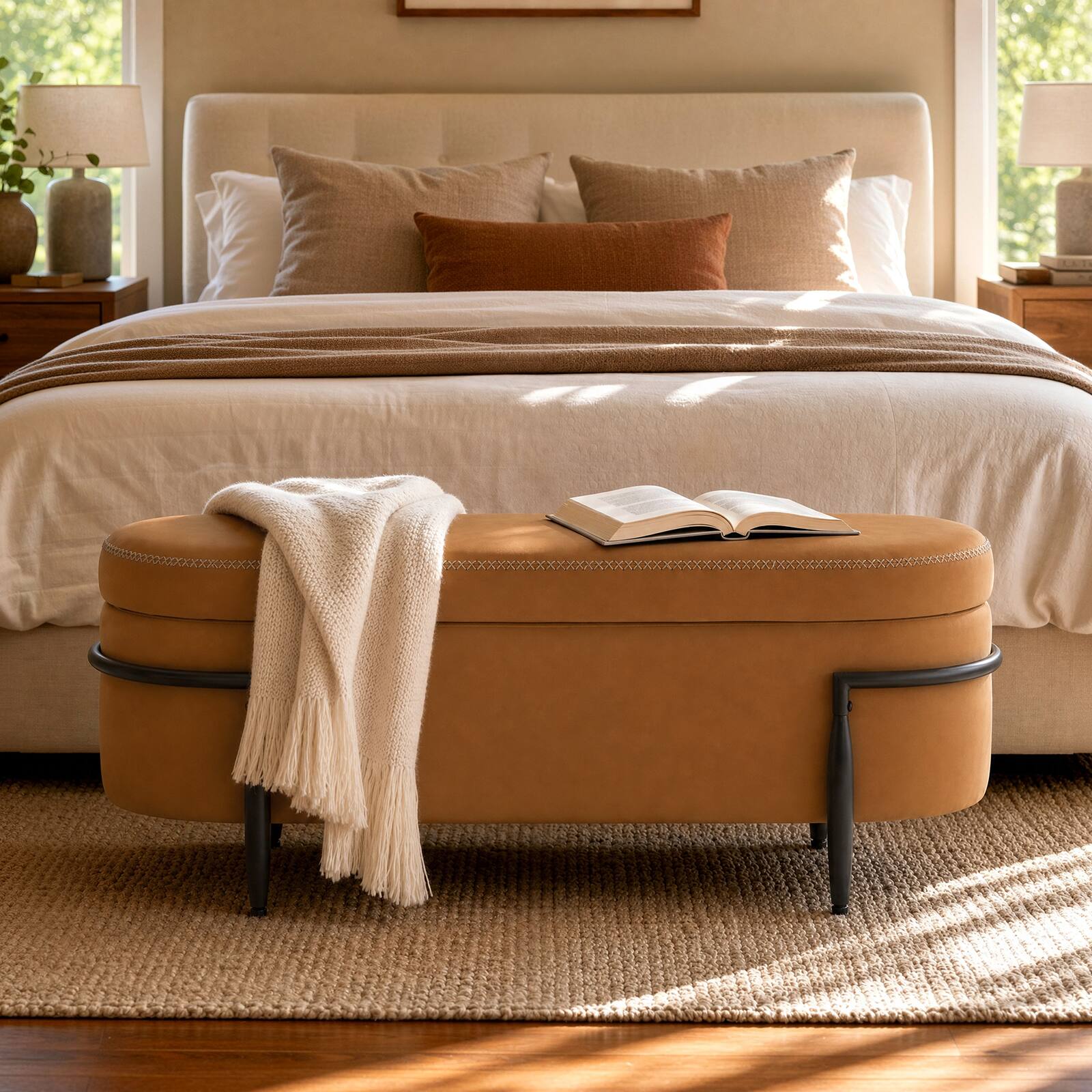 Angle. ModernMate - Brenno 43.3" Wide Cognac Bench Bedroom Ottoman with Spacious Storage and Adjustable Feets - Cognac.