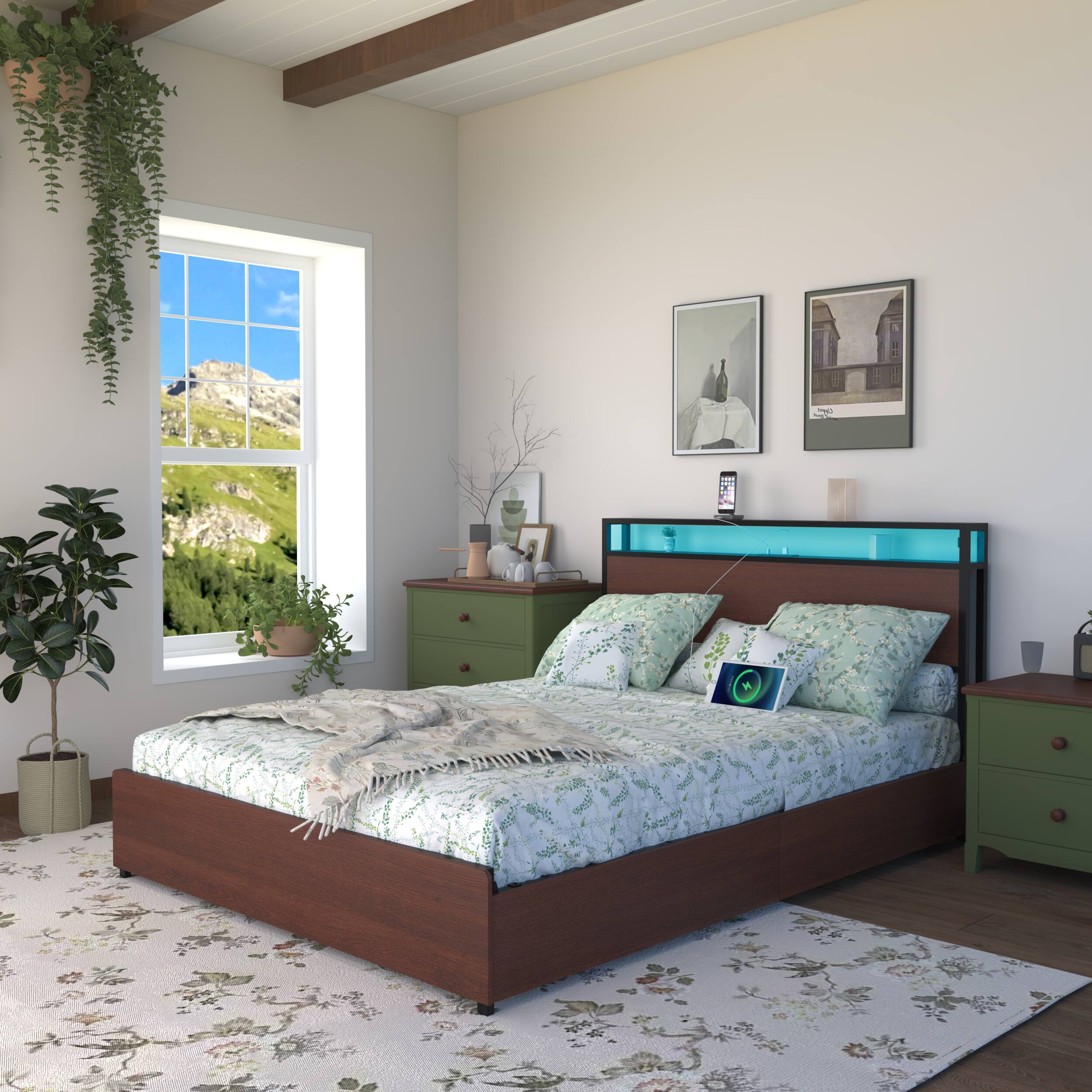 Left. LUCKY ONE - Queen Size Bed Frame,Storage Headboard with Charging Station - Black,Red+Brown.