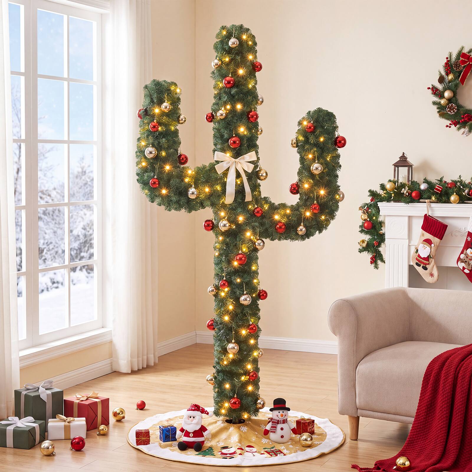 Gymax 7 FT Pre Lit Cactus Christmas Tree w/ 160 Warm White LED Lights ...