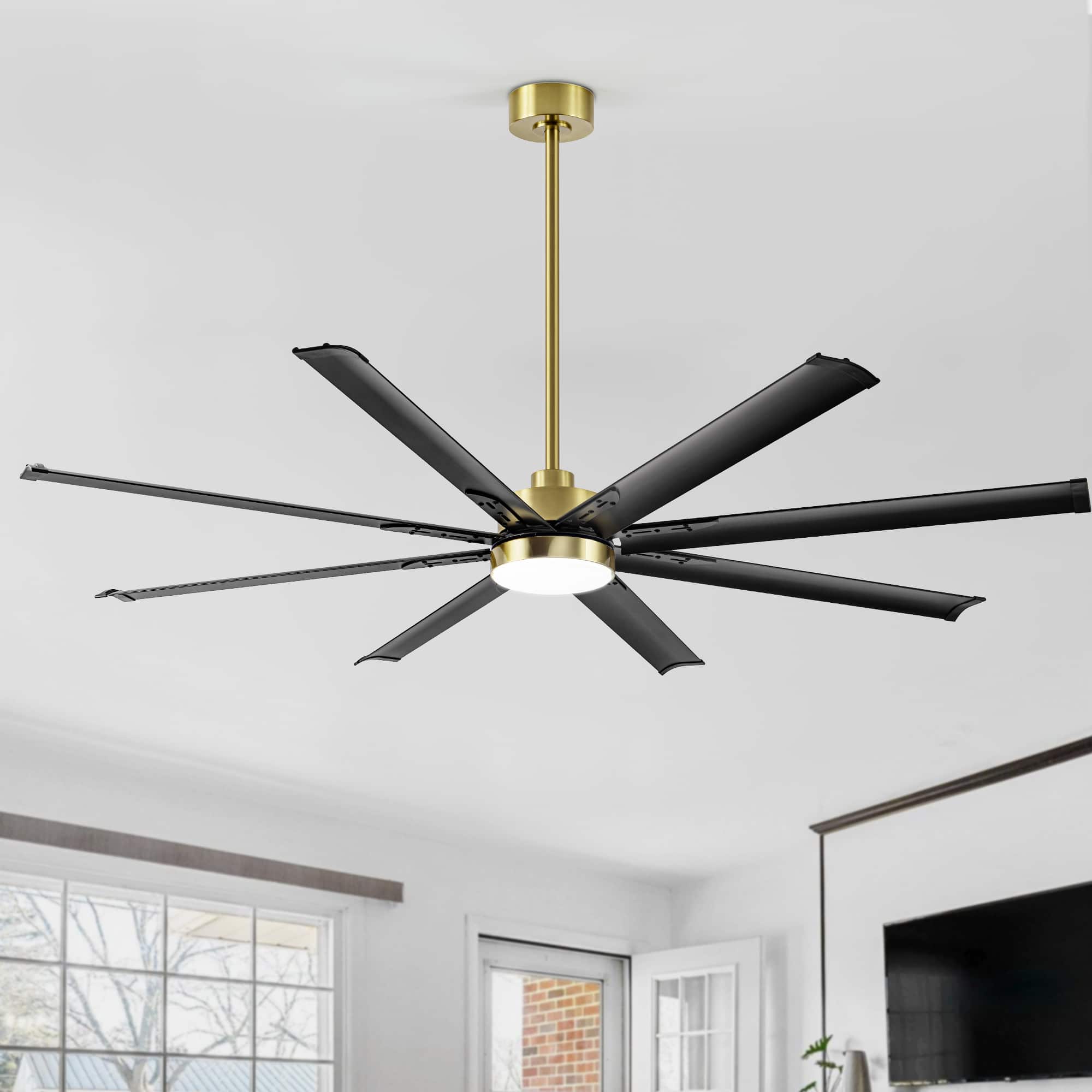 Front. Breezary - 72-In Large Ceiling Fan with 8 Aluminum Blades, DC Motor, 6-Speed Remote with Timer, 2 Downrods, Light/No Light Option - Gold and Black (With Light).