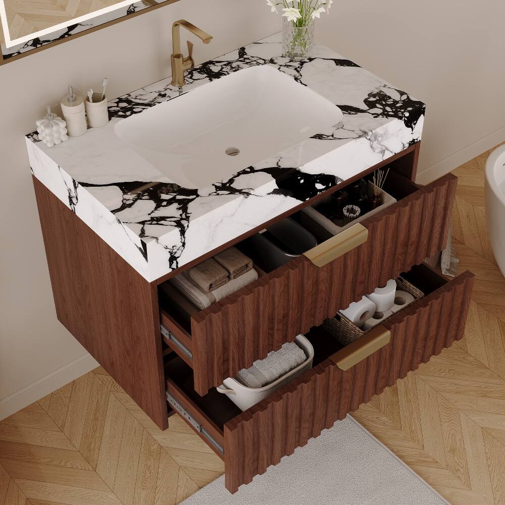 Alt View 1. Loheer - Loheer 30 inch floating bathroom vanity Walnut Modern Wall Mounted Cabinet with Ceramic Sink - Walnut, White.