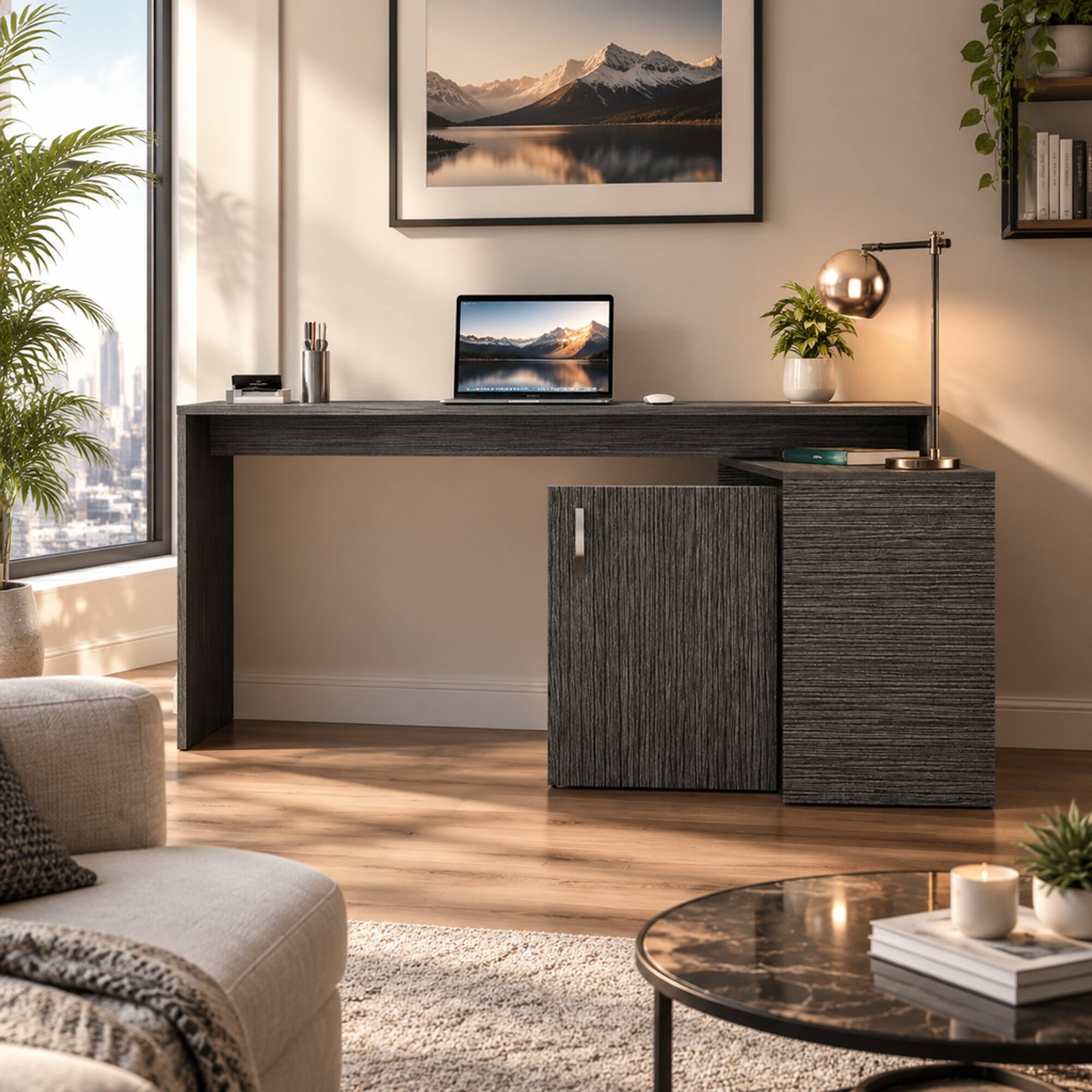 Back. RYHNUYNE - Modern L-Shaped Computer Desk, Smokey Oak Finish, 59 Inch Corner Workstation, Open Shelves and Storage Cabinet - Gray.