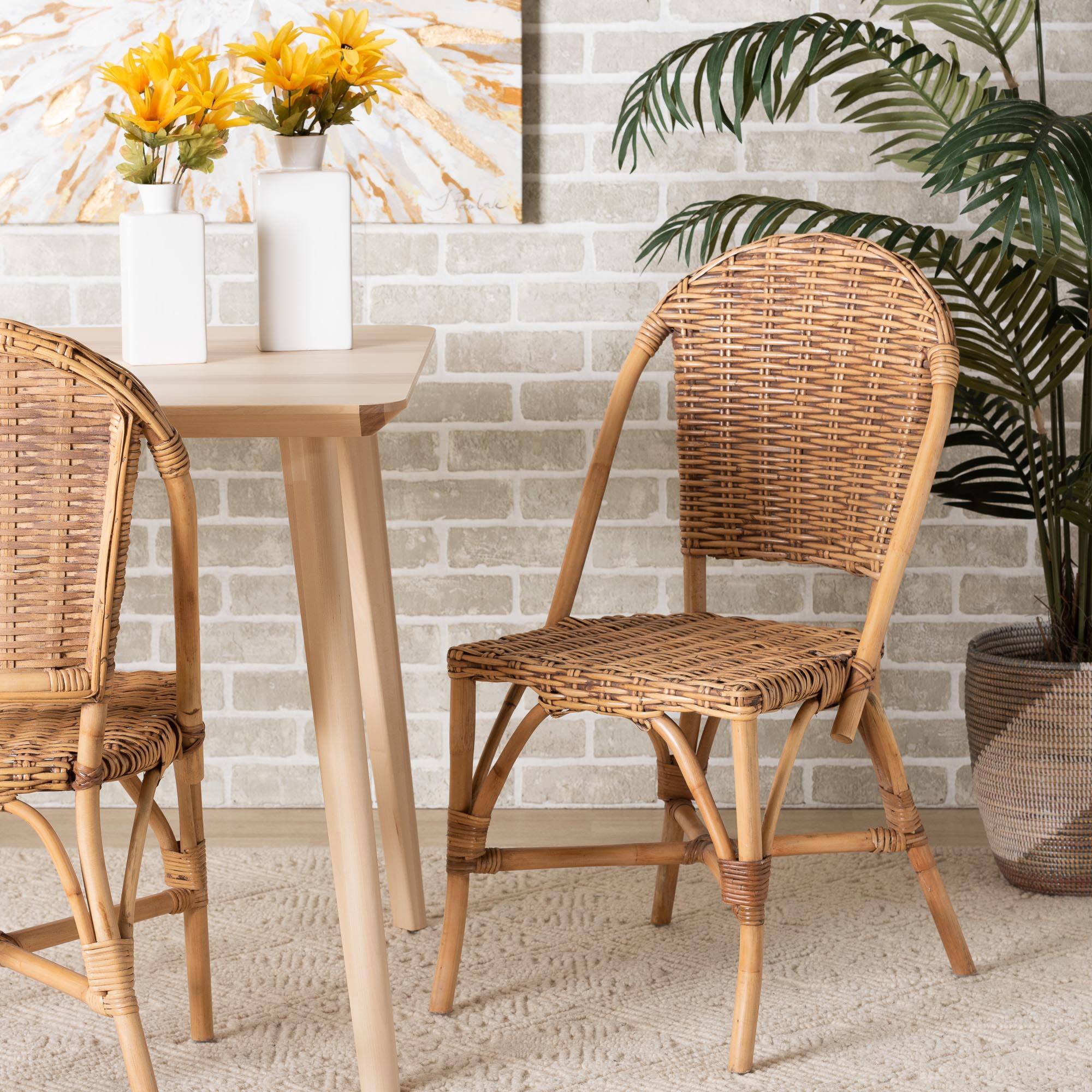 Alt View 4. bali & pari - Neola Modern Bohemian Natural Rattan 2-Piece Dining Chair Set - Natural Brown.