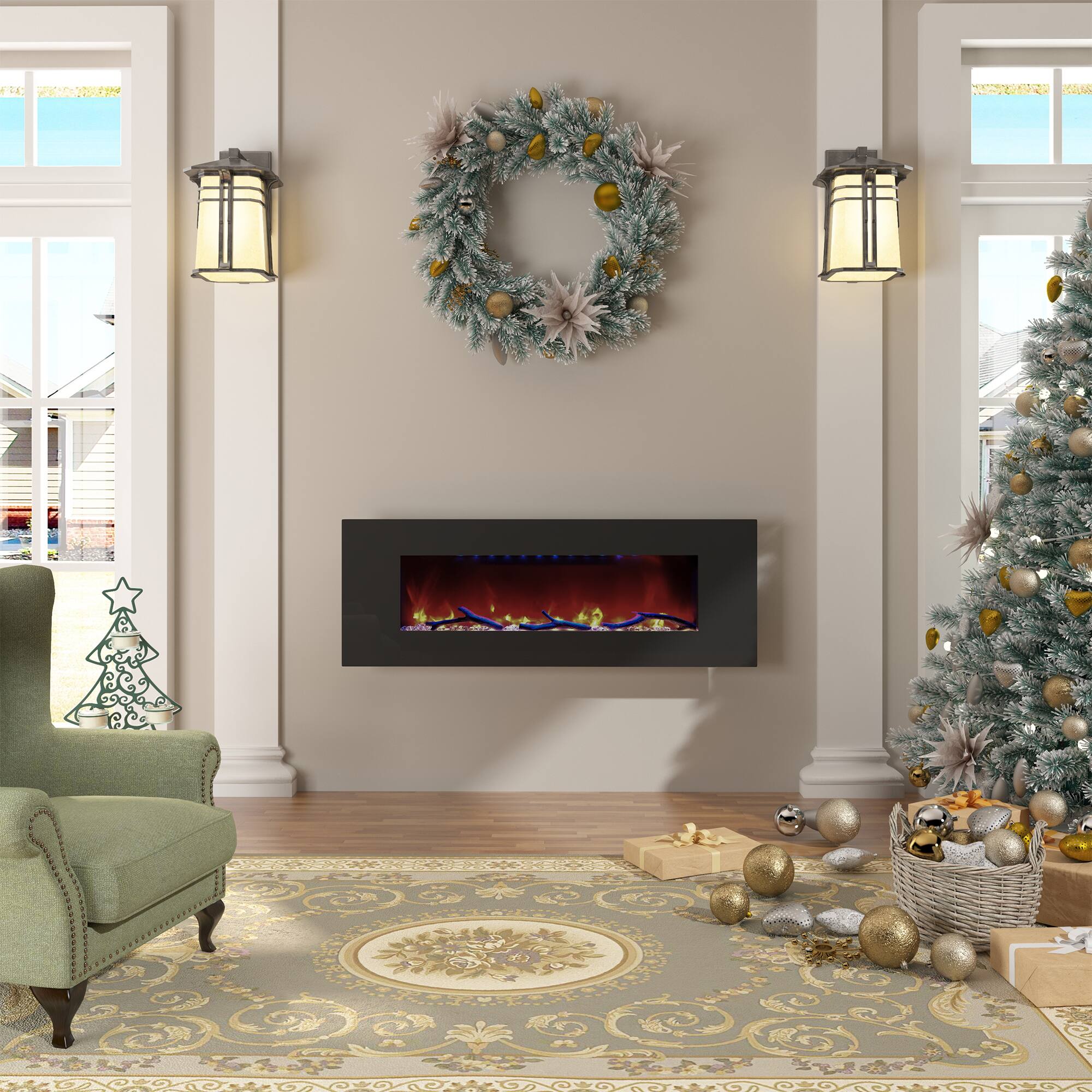 Left. Mondawe - 50"W Wall-Mounted Electric Fireplace with Bluetooth & USB Speakers - Black.