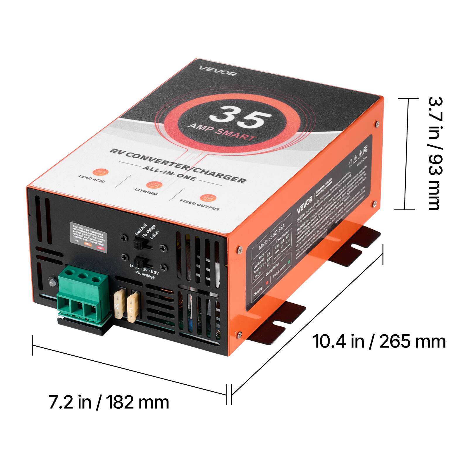 VEVOR AMP 35 SMART RV CONVERTER/CHARGER LITHIUM ALL-IN-ONE 41 FIXED VEVOR OUTPUT CAUTION - Acid Voltage Lead Fix Lithium Model: SBC-35A We NODA 14xx VE Fia Voltage 16.5V Charging

COOL

3.7 in / 93 mm
10.4 in / 265 mm
7.2 in / 182 mm
