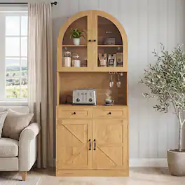 Loheer - Farmhouse Pantry Cabinet, 75 Inch Coffee Bar Cabinet with Charging Station, Glass Doors, Adjustable Shelves - Oak