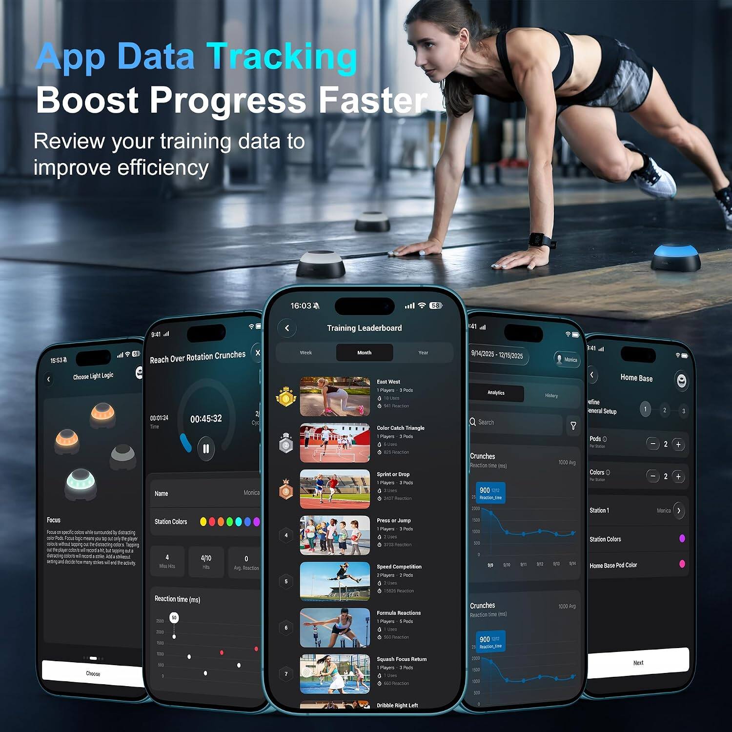 App Data Tracking  
Boost Progress Faster  
Review your training data to improve efficiency

16:03  
58  
9:41  
Training Leaderboard  
15:53 Choose  
Crunches X Reach Over Rotation 00:01:34 00:45:32  
Time Name Monica  
Week Month Year  
East West Players 3 Pets Ltes Reaction Color Catch Triangle Players 3 Pods $ visites Roacion Sprint Dmp 1 Players 3 Peds 3:00 or Riaction  
9/14/2025 12/15/2025 Analytics Search Crunches Feaction me 900 00 Reacion_line  
3 Menica Home Base Hotary ofine leneral Setup 1 Pods 100 Colors Prices  
2 2 2  
9 3  
Focus  
Station Colors  
Press or Jump Players 17ck Item  
2010 500  
Station Station Colors  
Vita  
recoda  
an Diest as eactivity  
4 400 to Reaction time (ms) 500  
I Roaction  
8 -  
Speed Competition 2Payes