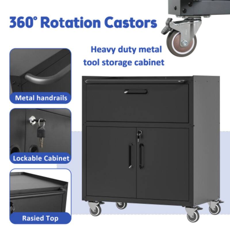 360° Rotation Castors  
Heavy duty metal tool storage cabinet  
Metal handrails  
Lockable Cabinet  
Rasied Top