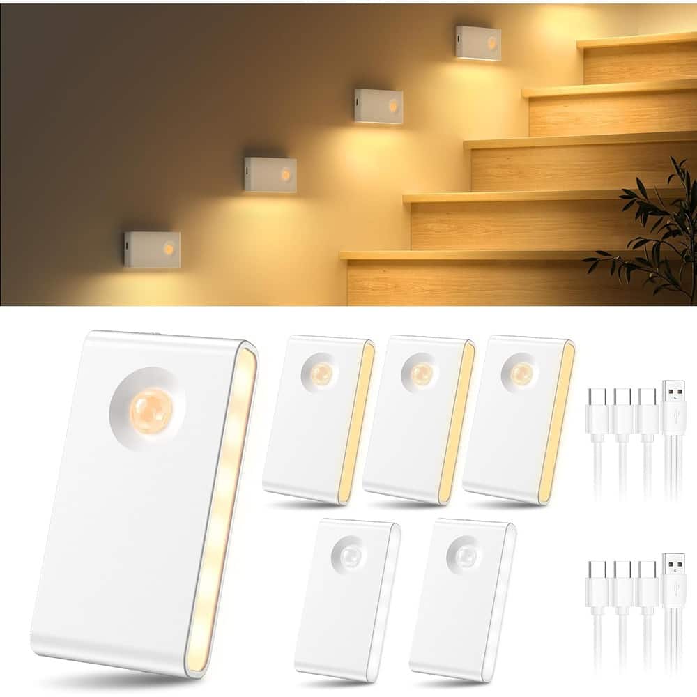 ACJPR - 6-Pack Motion Sensor Stair Lights, Rechargeable Wireless Night Lights with 3 Color Modes for Stairs, Hallways, and Cabin