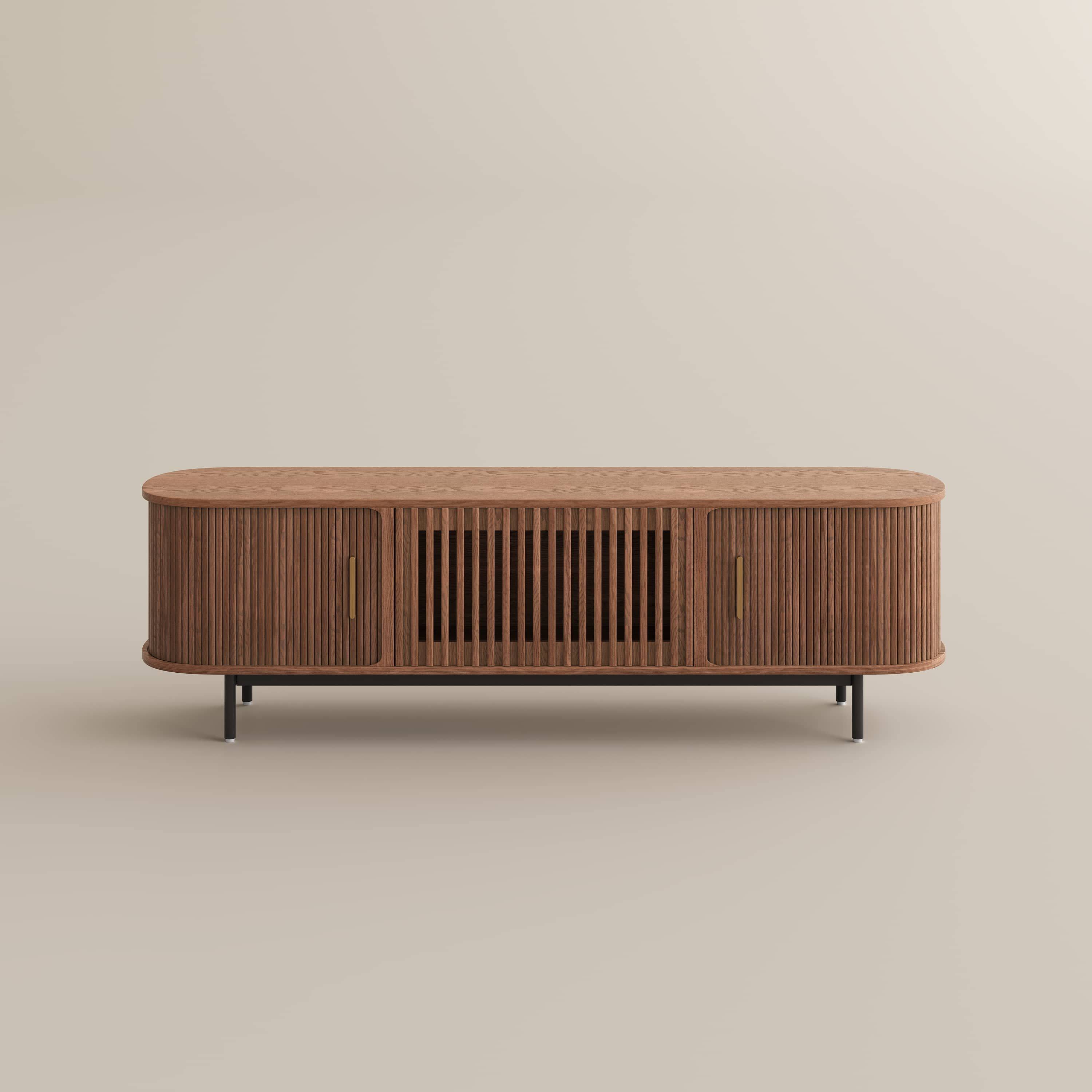 Alt View 8. POVISON - 71"Mid-Century Modern Tambour Door TV Stand ,Walnut with LED Lights - Walnut with LED Lights.