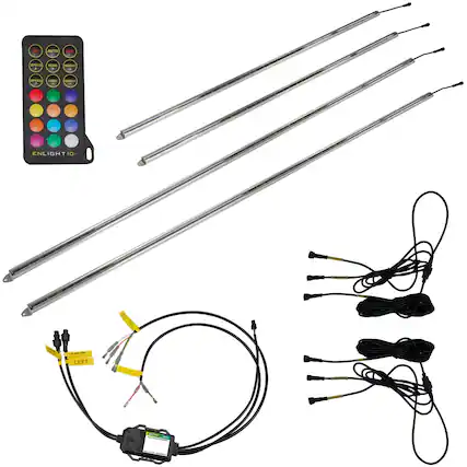 The image features a set of four long antennas, each with a different color. The antennas are accompanied by a controller and a set of wires, which are likely used for controlling the antennas. The controller is placed near the antennas, and the wires are arranged around them. The arrangement suggests that these antennas are designed for use in a specific application, such as a lighting system or a remote control system.