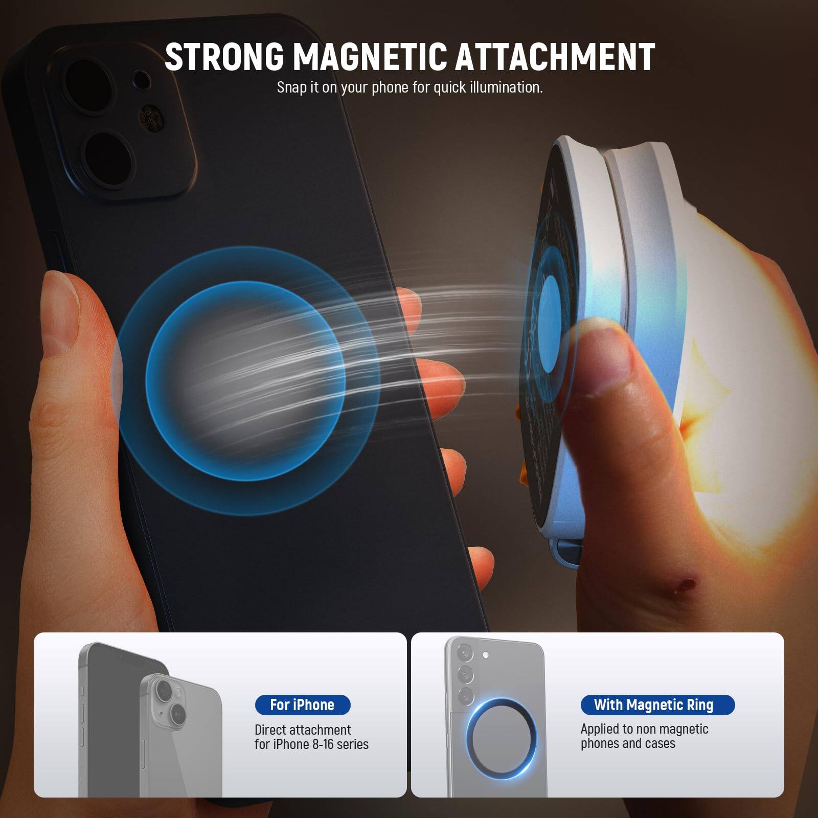 STRONG MAGNETIC ATTACHMENT  
Snap it on your phone for quick illumination.  

For iPhone  
Direct attachment for iPhone 8-16 series  

With Magnetic Ring  
Applied to non-magnetic phones and cases