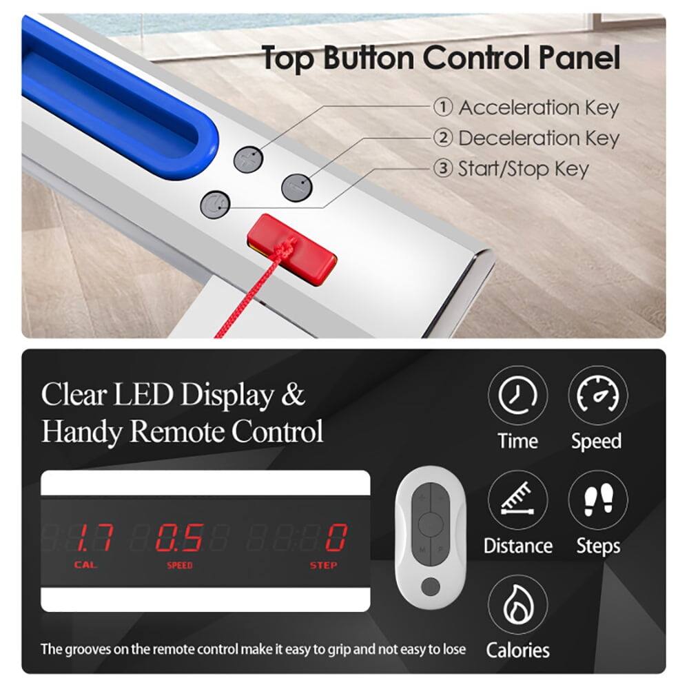Top Button Control Panel  
1. Acceleration Key  
2. Deceleration Key  
3. Start/Stop Key  

Clear LED Display & Handy Remote Control  
- Time  
- Speed  
- Distance  
- Steps  
- Calories  

The grooves on the remote control make it easy to grip and not easy to lose.