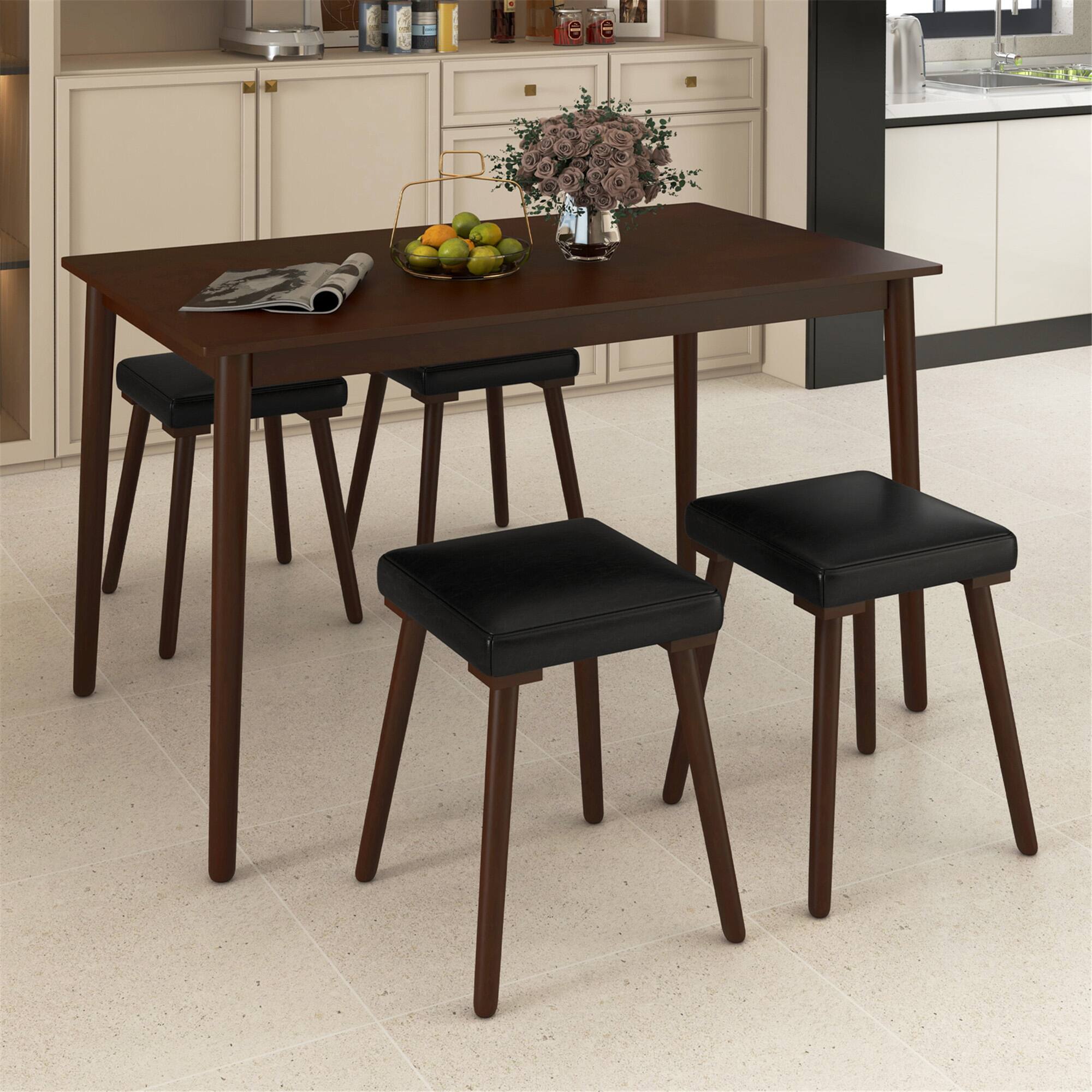 Alt View 1. Gymax - Gymax 5PCS Dining Table Set for 4 w/ 4 Upholstered Stools Rubber Wood Legs for Kitchen - Brown.