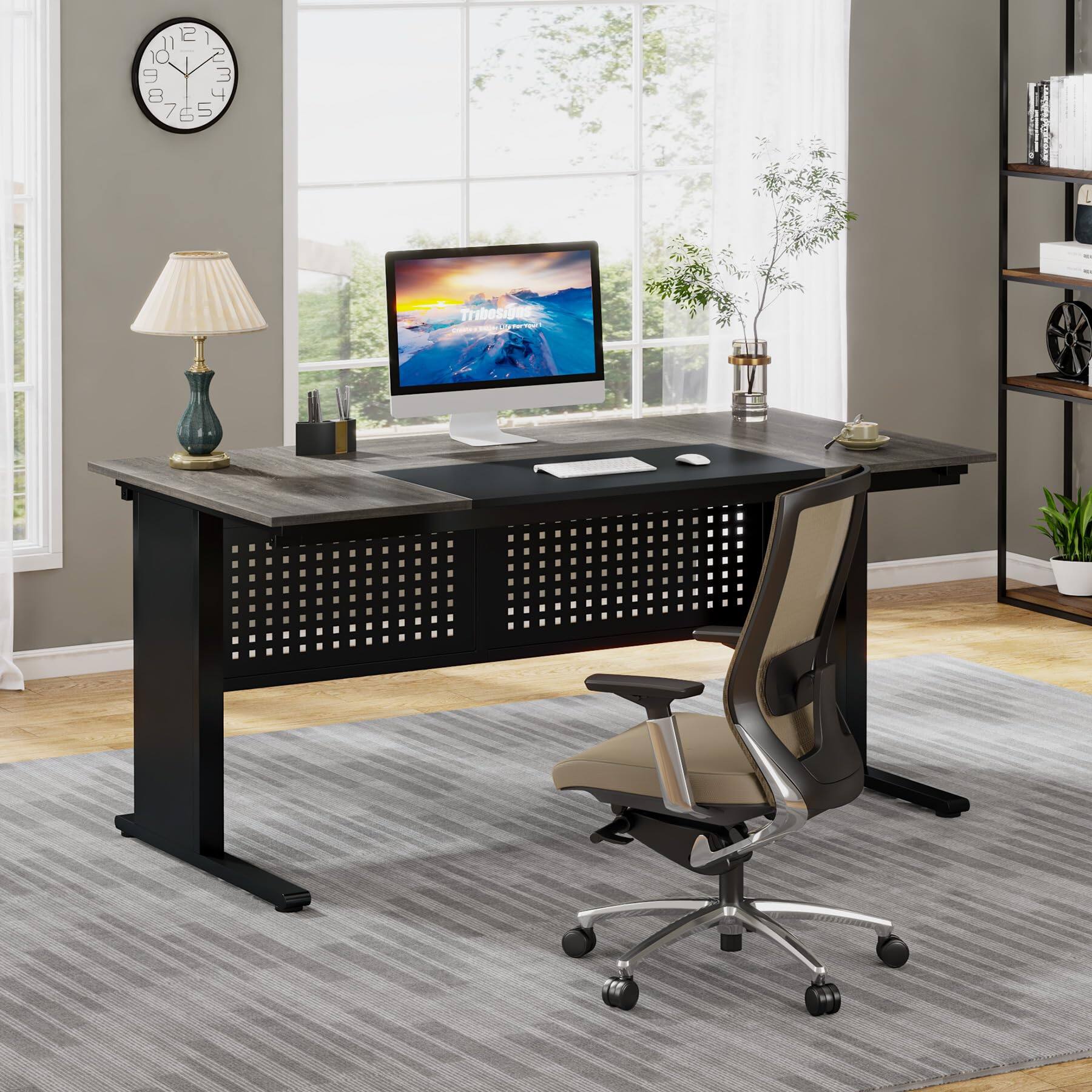 Alt View 3. Tribesigns - 63 Inch Executive Desk with File Cabinet, L Shaped Office Desk with Drawers and Storage Shelves, Business Furniture Set - Gray and Black.