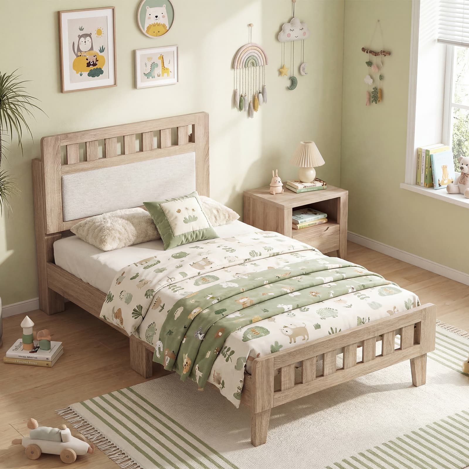 Gymax - Twin Wood Bed Frame w/Upholstered Headboard No Box Spring Needed Rustic Oak & Beige - Yellow