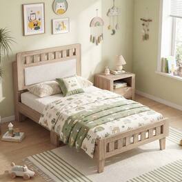 Gymax - Twin Wood Bed Frame w/Upholstered Headboard No Box Spring Needed Rustic Oak & Beige - Yellow