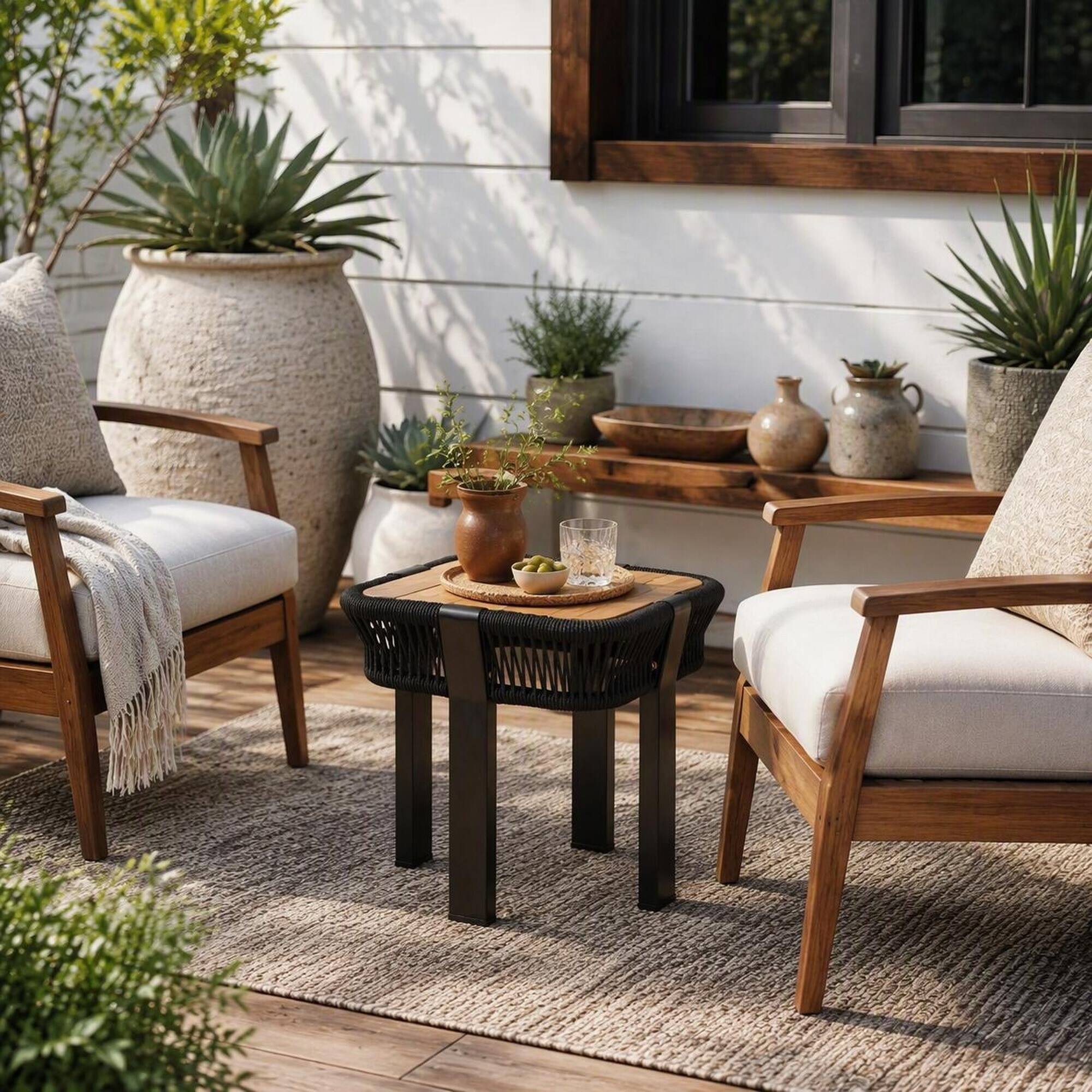 Left. RYHNUYNE - Square Acacia Wood Side Table with Black Rope Frame,Teak Finish Outdoor Patio Accent End Table for Balcony - Black,Teak.