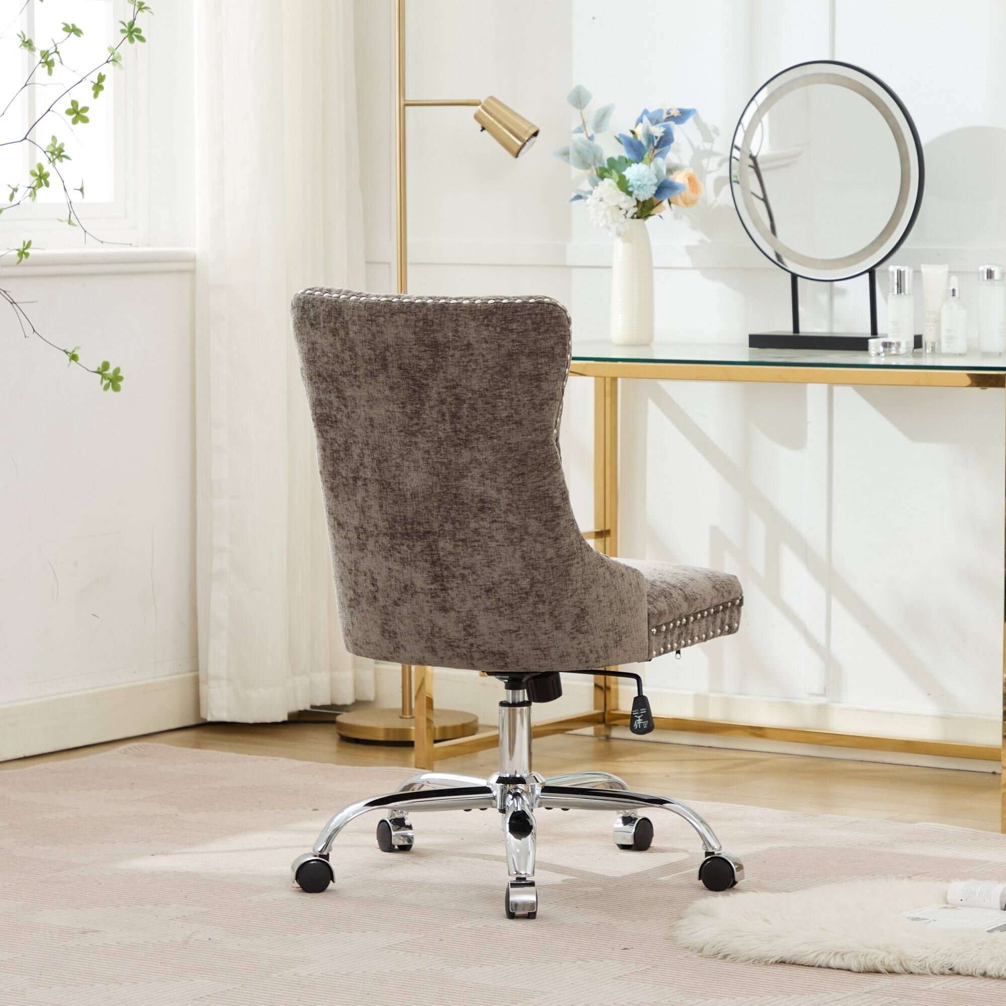 Alt View 1. Trinkets Crazed - Home Office Chair with Wheels & Silver Base,Chenille Fabric Makeup Vanity Chair with Tufted Back, Swivel Desk Chair - Gray.