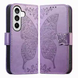 Dteck - Wallet Case for Samsung Galaxy A16 5G, Embossed Butterfly Pattern Leather Card Slots Flip Stand Cover+Strap - Lightpurple
