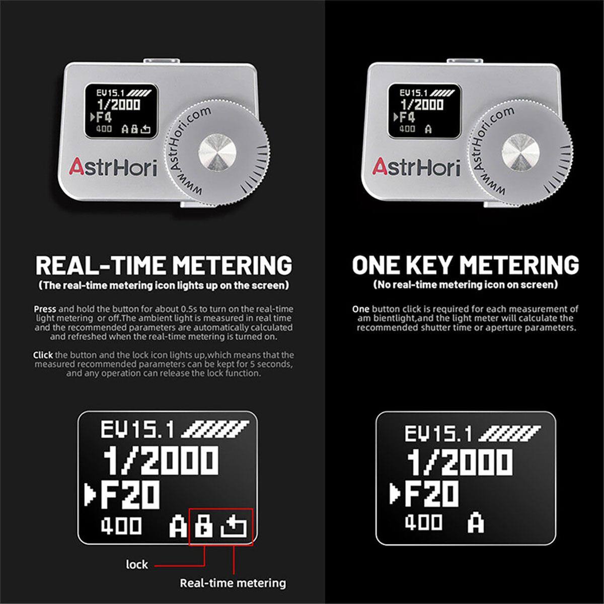 EU15.1 1/2000 F4 400 AstrHori @eAonkS REAL-TIME METERING (The real-time metering icon lights up on the screen) EU15.1 1/2000 F4 400 A AstrHori WESAMONOS ONE KEY METERING (No real-time metering icon on screen) Press and hold the button for about 0.5s to turn on the real-time light metering or off. The ambient light is measured in real time and the recommended parameters are automatically calculated and refreshed when the real-time metering is turned on. Click the button and the lock icon lights up which means that the measured recommended parameters can be kept for 5 seconds, and any operation can release the lock function. One button click is required for each measurement of ambient light, and the light meter will calculate the recommended shutter time or aperture parameters. EU15.1 1/2000 F20 400 EU15.1 1/2000 F20 400 A lock Real-time metering