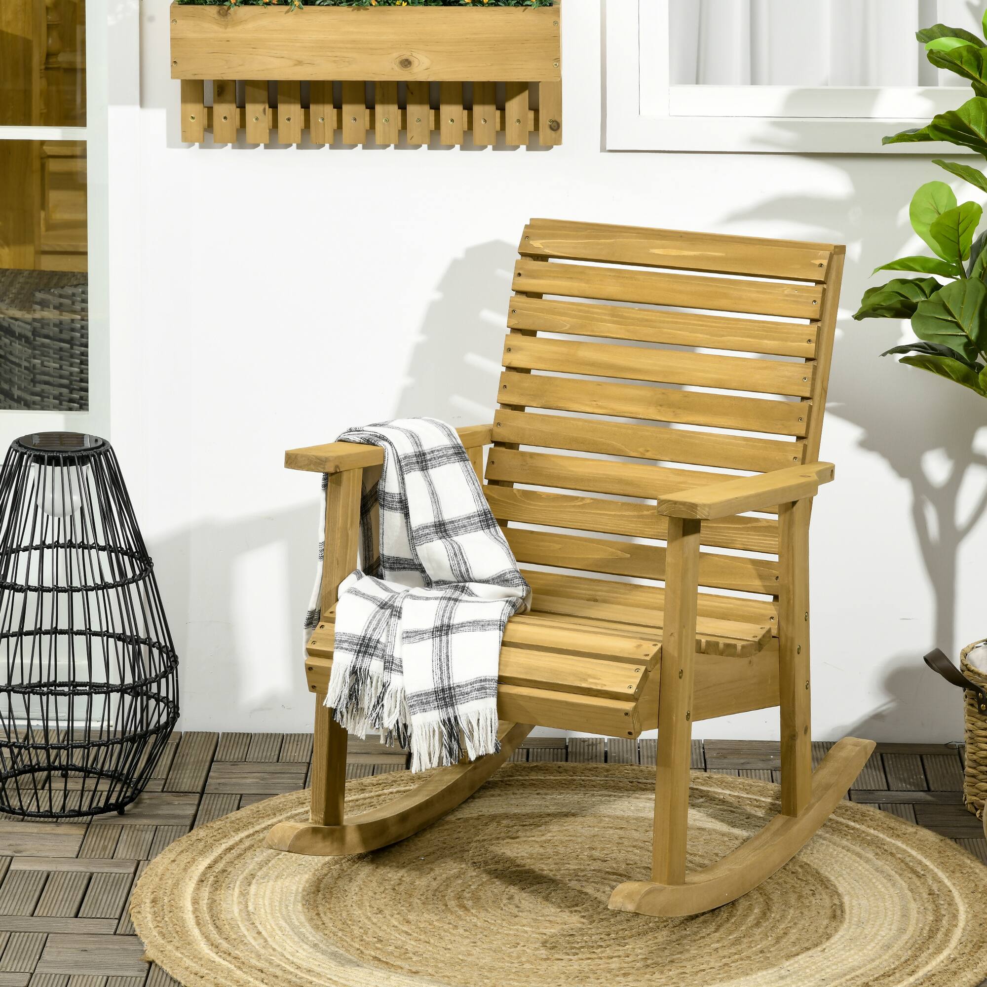 Angle. Outsunny - Wooden Outdoor Rocking Chair, Traditional Slatted Wood Rocker Chair with Armrests and High Backrest for Indoor & Outdoor - Brown.